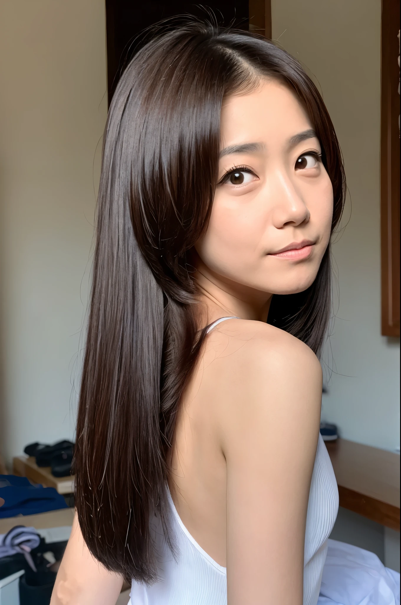 (High reality photograph, high resolusion, detailed face, detailed eyes), Japanese lady, 40 years old, various face expression, solo:1, skinny figure, medium breasts, emphasizing very thin waist, beautiful buttocks, various hair style, knit dress, back-style photo, looking back to the viewer, alone in a photo