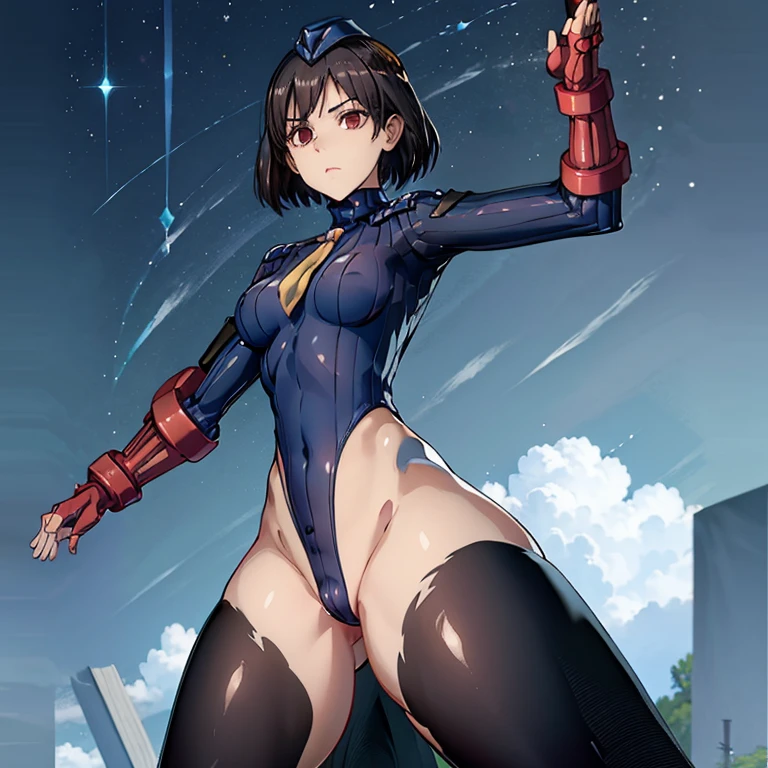 ultra-detailed, Explicit, Beautiful body, Beautiful Nose, Beautiful character design, perfect eyes, perfect face, ultra highres, 4K, beautiful legs, perfect legs, Nice hands, Perfect hand, Masterpiece, Best Quality, Highly detailed, illustration, absurdres, street fighter, doll suit, shadaloo doll, dollsuit, expressionless, blank eyes, looking at viewer, red gloves, emotionless, black latex, corrution, mind control, female combatant, full body, hypnotized, unhappy trance, full body suit, ribbed bodysuit, both arms at side, obey, perfect female body, extremely glossy latex, hypnosis, hypnoLora, empty eyes, Mind control device, poses, submissive_pose, Slave, hat, necktie, stand up straight, standing, standing at attention, hat, necktie, belt, latex, ribbed bodysuit, thighhighs, garter belt, Fighting Stance, extending the right arm from the shoulder into the air with a straightened hand, nazi saluting, military, military saluting, salute, thigh boots, 1girl, Rae Taylor, I’m in Love with the Villainess, red eyes, short hair, brown hair