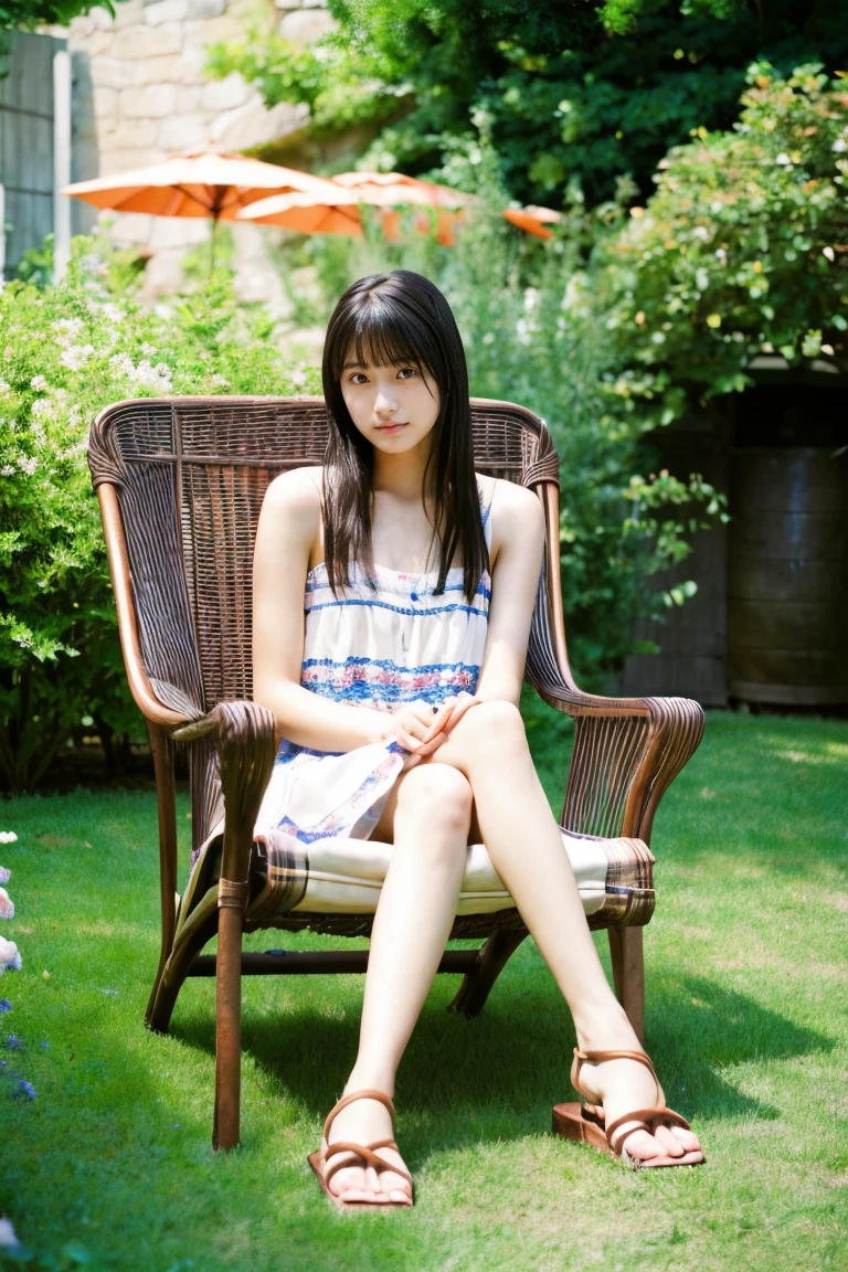 early summer、a beauty girl、18year old、japanes、A dark-haired、Wistful expression、color summer dress、sandal、Leprechaun、Provence region、Relax in a garden chair、