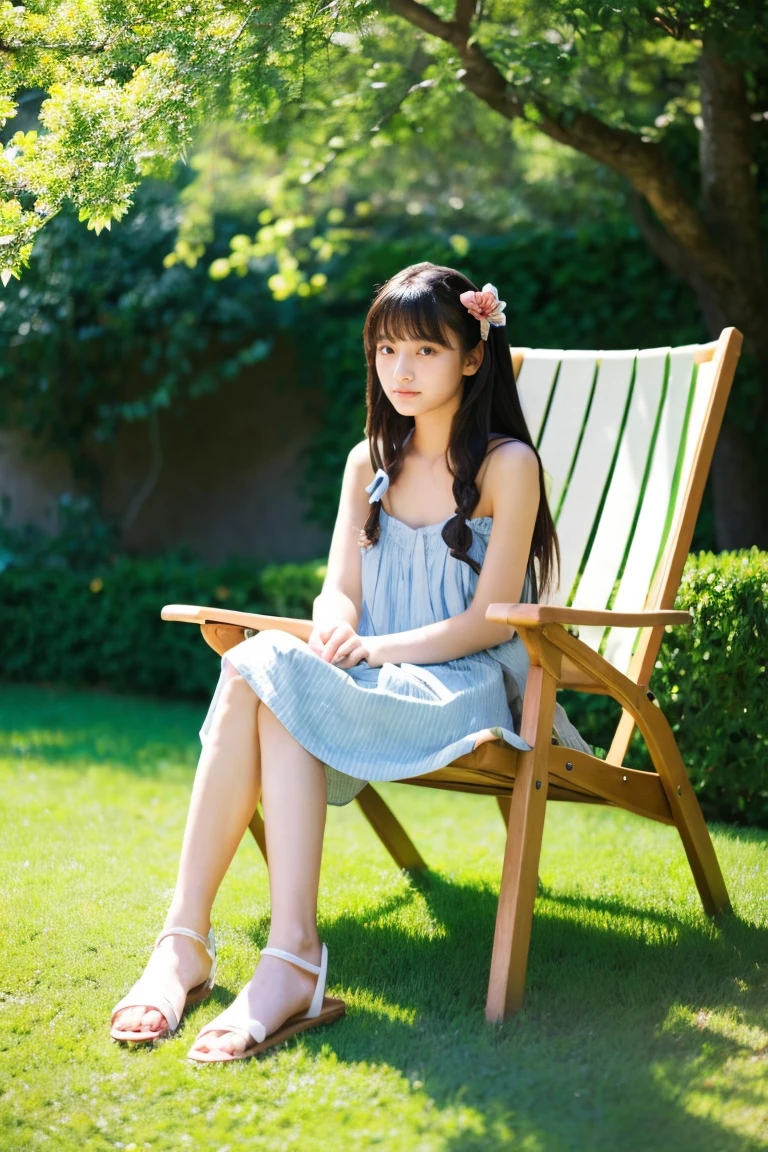 early summer、a beauty girl、18year old、japanes、A dark-haired、Wistful expression、color summer dress、sandal、Leprechaun、Provence region、Relax in a garden chair、