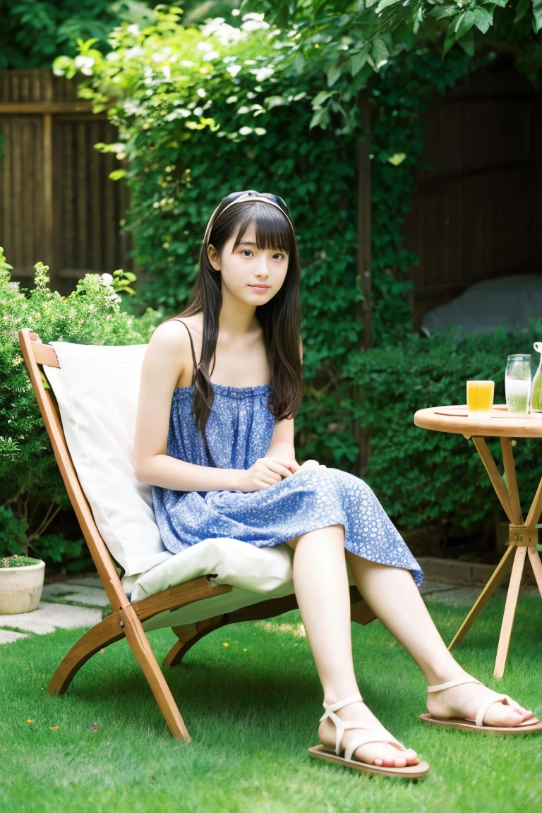 early summer、a beauty girl、18year old、japanes、A dark-haired、Wistful expression、color summer dress、sandal、Leprechaun、Provence region、Relax in a garden chair、
