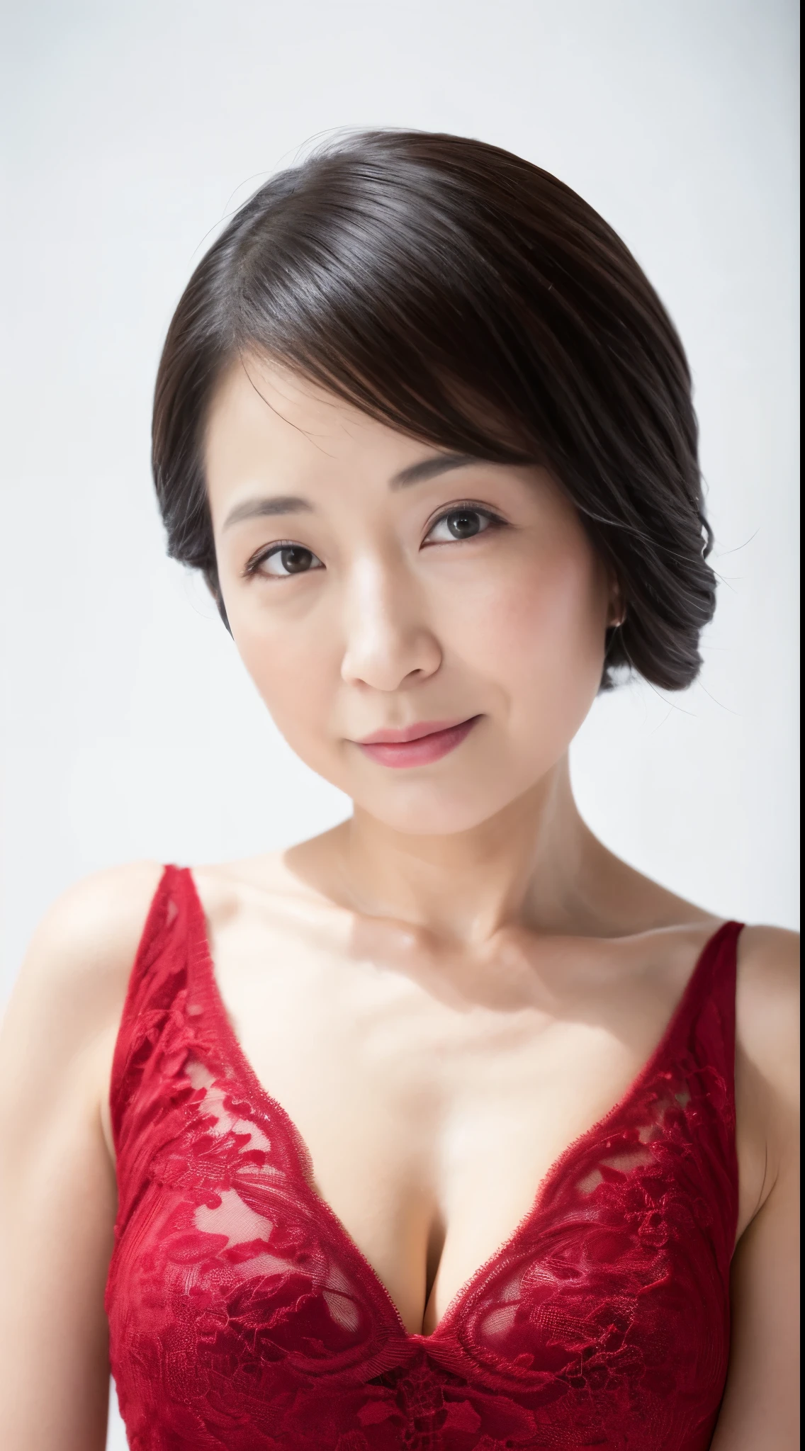 (((Solo))), Obscene look, Pure white background, gravure, facing front, ((Center the screen)), Wear a slip, Correctly depict lips,red-lips, Fancy makeup, from the chest up, masuter piece, Best Quality, Ultra-detailed, Photorealistic, Ultra-detailed細なスキン, Perfect Anatomy, (1 japanese mature woman), (Positive), 95 years old, Tremendous big, fashion modell, glamor, A sexy, Chromo-white skin, Looking at Viewer,