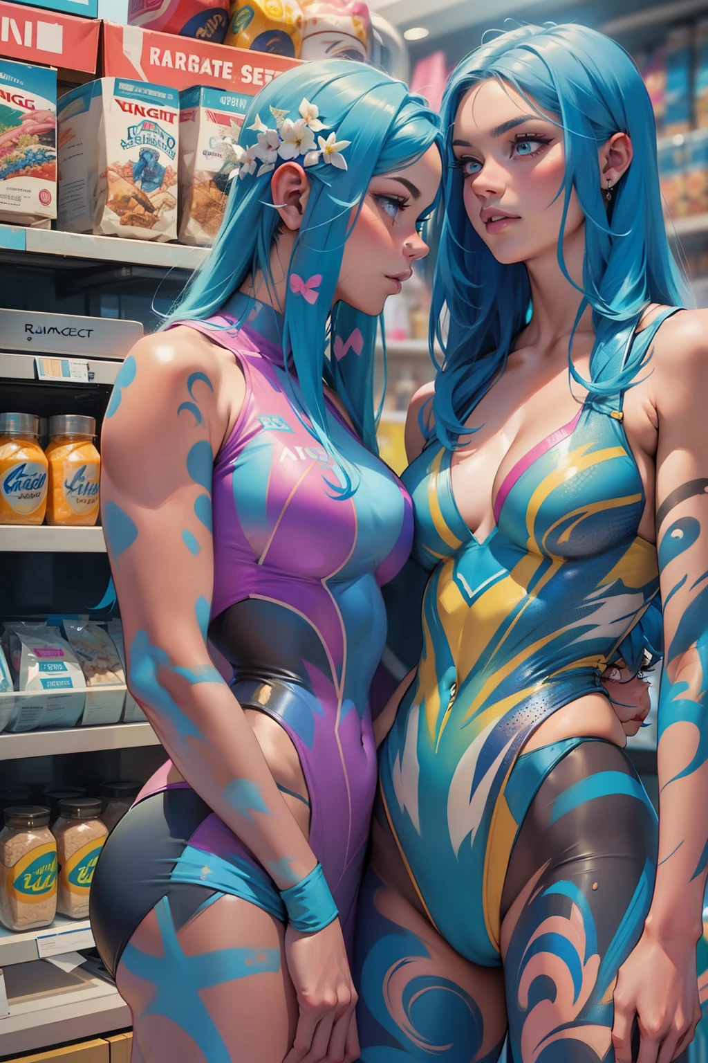 two women in body paint posing for a picture in a store, beautiful gemini twins, competition highlights, competition winning, 📷 mungojerrie and rumpleteazer, 🤬 🤮 💕 🎀, we see them from head to toe, wearing leotard, karolina cummings, dasha taran, costume with blue accents, profile pic