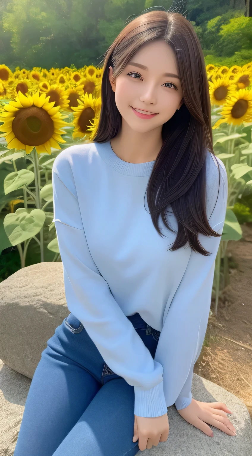 smiling girl,wear tight knit clothes,denim pant,Sitting on a large stone,There are a lot of sunflowers around,with detailed face,The eyes are delicate,Photo quality is the best,Realistic image quality,Background diffuse lighting,Depth of field display。