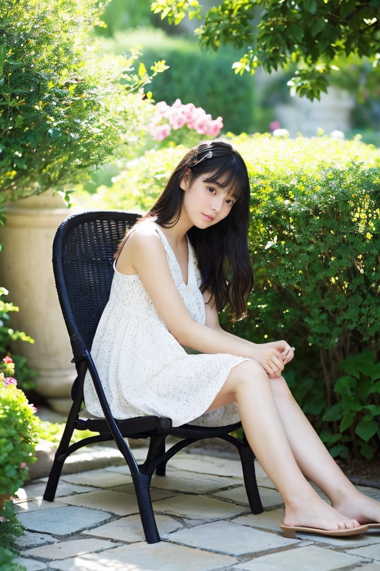 early summer、a beauty girl、18year old、japanes、A dark-haired、slightly sleepy look、color summer dress、Leprechaun、Provence region、Garden chair、