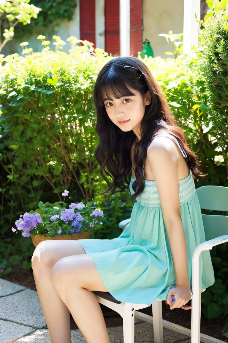 early summer、a beauty girl、18year old、japanes、A dark-haired、slightly sleepy look、color summer dress、Leprechaun、Provence region、Garden chair、