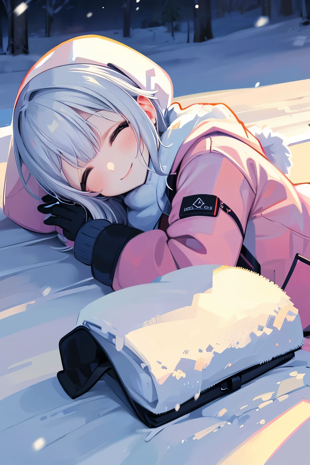 snow field、A smile、Warm clothing、Ski Wear、It's snowing、sleeping face down on the snow floor
