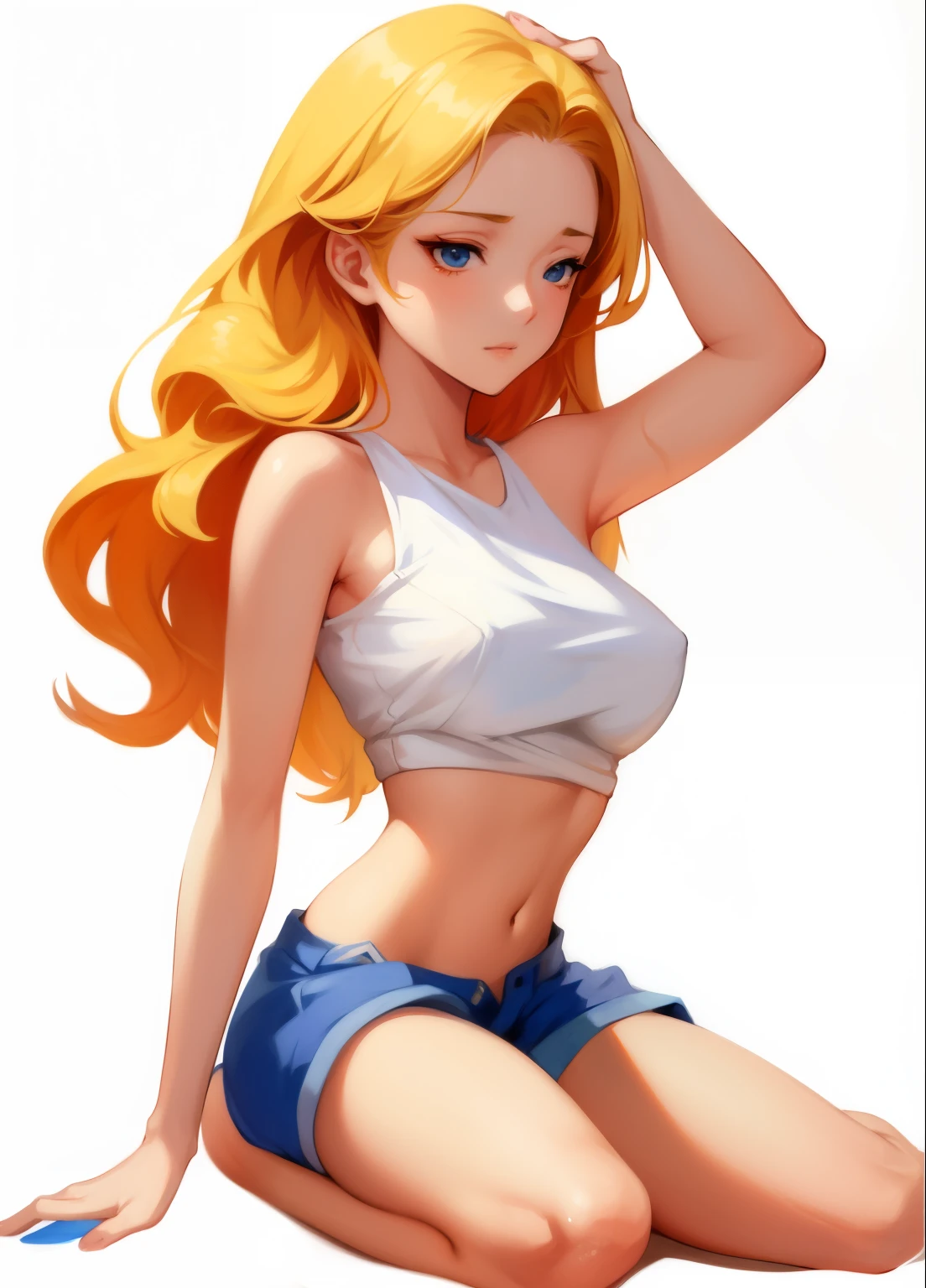 Blonde girl in blue shorts sitting on the floor, The character is in a natural pose, drawn in anime painter studio, By Anime Painter Studio, Casual pose, art-style, Ross Painting 1. 0, render of april, long hair girl, Wan Ying&#39;s body, Realistic shadow perfect body, Cute and sexy, Digital anime illustration