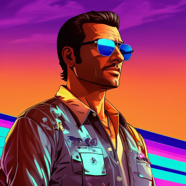 Close-up of a man wearing sunglasses and a shirt, Art in the style of GTA Vice City, Art style of GTA Vice City, Art style of GTA, Art GTA, Стиль обложек GTA V, Surpass the art style, Colorful cinematography, Артстиль GTA, Vice City, 2D cover of the GTA game, 2D cover of the GTA game, HQ 4K Phone Wallpaper