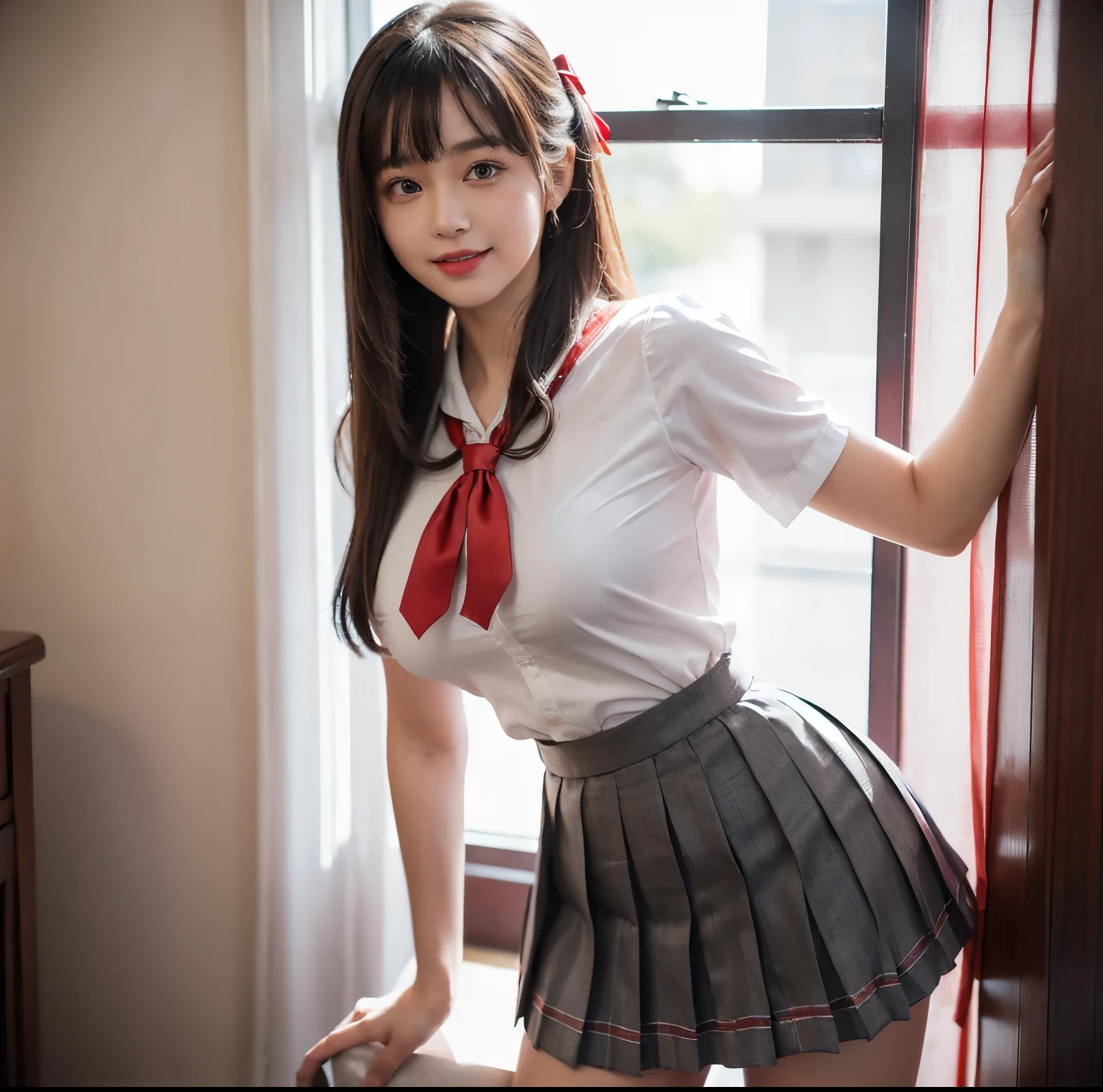 quality, masterpiece, (Professional lighting without shadows), Surreal, Fascinating, perfect anatomia, twogirls, (Proudly stand in front of the camera、Girl showing off ribbon tie, There is a girl on the other side、bent down，will reach towards the camera), ( humongous large breast:1.2), Bright and even skin，No wrinklelue eyes long eyelashes，Have red tear bags。,,,、Reflects a lot of light:1.3)、 Bangs half braided, (Her costume is、Dress up in a tight and cramped schoolgirl uniform with an ultra-short and ultra-mini pleated skirt:1.Show off a crimson ribbon tie loudly from the front), (There is a girl on the other side、Beautifully accentuating the proud super mini pleated skirt、Take a pose that exposes your buttocks from behind:1.2), (The beautiful face squinted under the dazzling light:1.2), (ssmile), (Plump red teardrop bag:1.2)