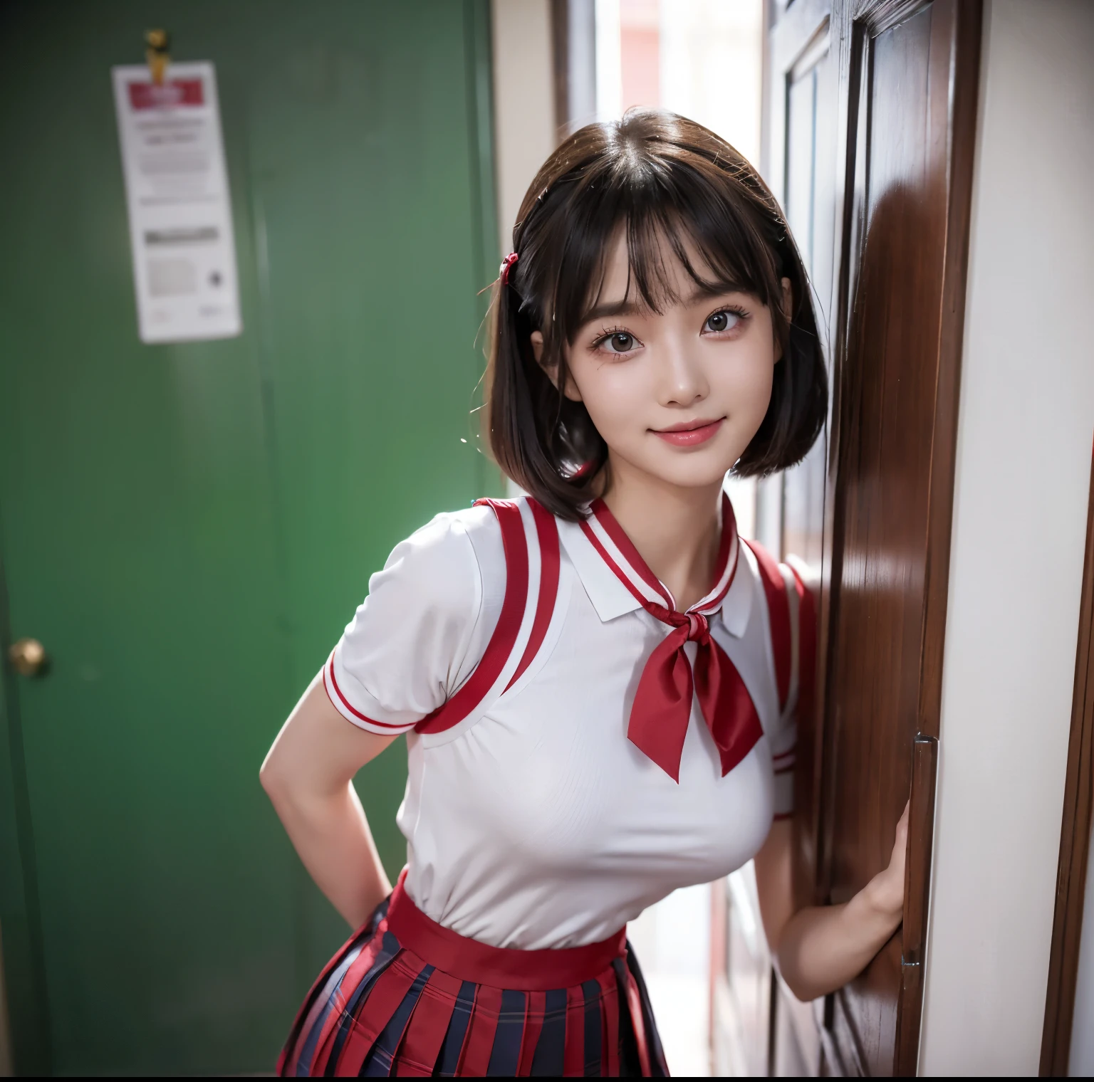 quality, 4k画质, masterpiece, (Professional lighting without shadows), Surreal, (perfect anatomia), twogirls, (Proudly stand in front of the camera、A girl shows off a ribbon tie, Another girl on the other side is bending over、I put my hand towards the camera), ( with a perfect body、humongous large breast:1.2), Bright and even skin，No wrinklelue eyes long eyelashes，Have red tear bags。,,,、Reflects a lot of light:1.2)、 Half tied bangs hair, (Her costume is、Dress up in a tight and cramped schoolgirl uniform with an ultra-short and ultra-mini pleated skirt:1.2), (Intricate design around neck and crimson ribbon tie、Looking proudly from the front), (There is a girl on the other side、Beautifully accentuating the proud super mini pleated skirt、Showing half of the buttocks exposed from behind:1.4), (The beautiful face squinted under the dazzling light:1.2), (smiling with narrow eyes:1.2), (Plump red teardrop bag),
