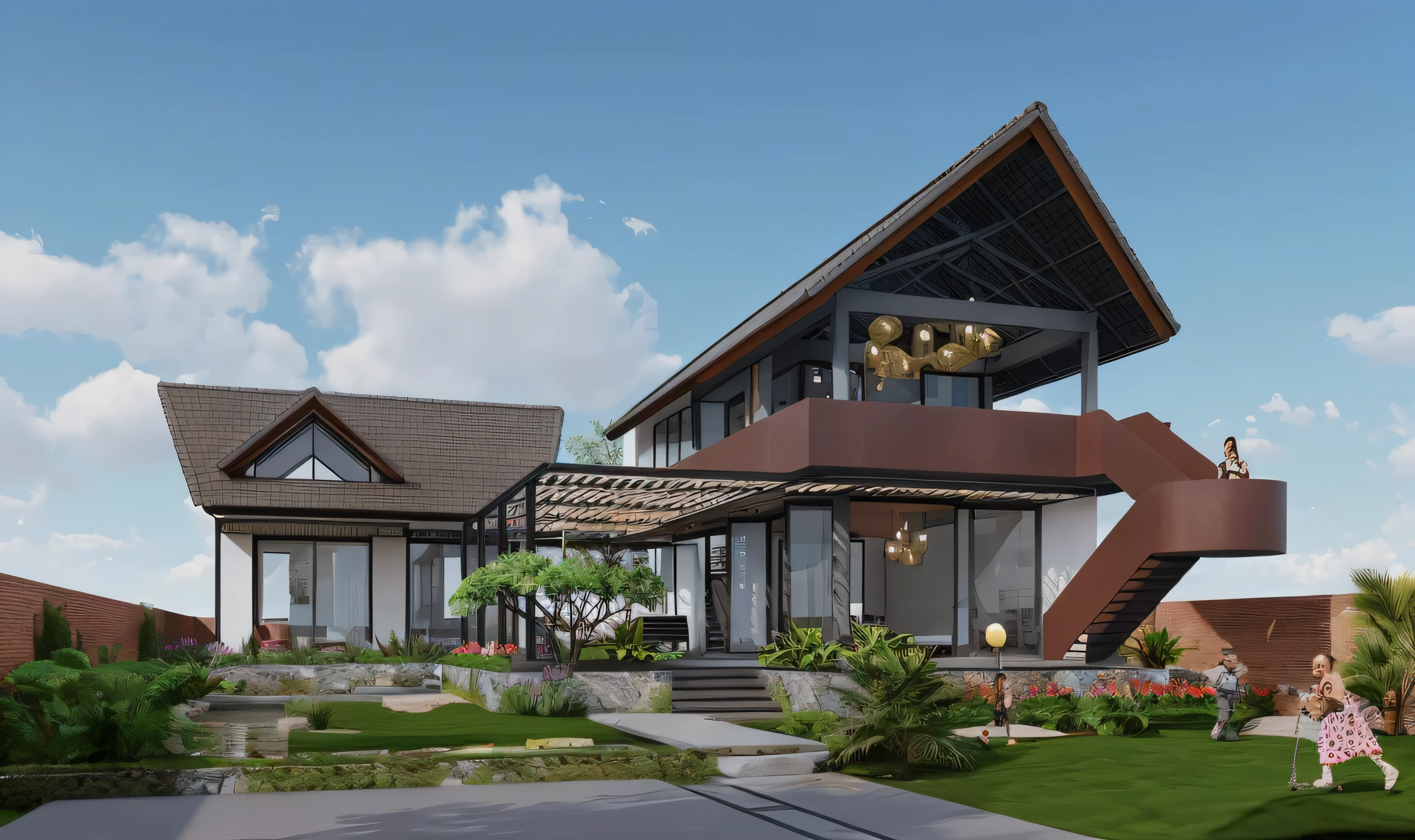 photo of a modern house with a large front yard, RAW photo, spring, beautiful sky, exterior house, amazing, front view dramatic, neotraditional modern, front view, elegant, artistic, Art Deco, Neoclassicism, high detail, depth of field, UHD, retina, masterpiece, super detail, high details, high quality, best quality, 4K