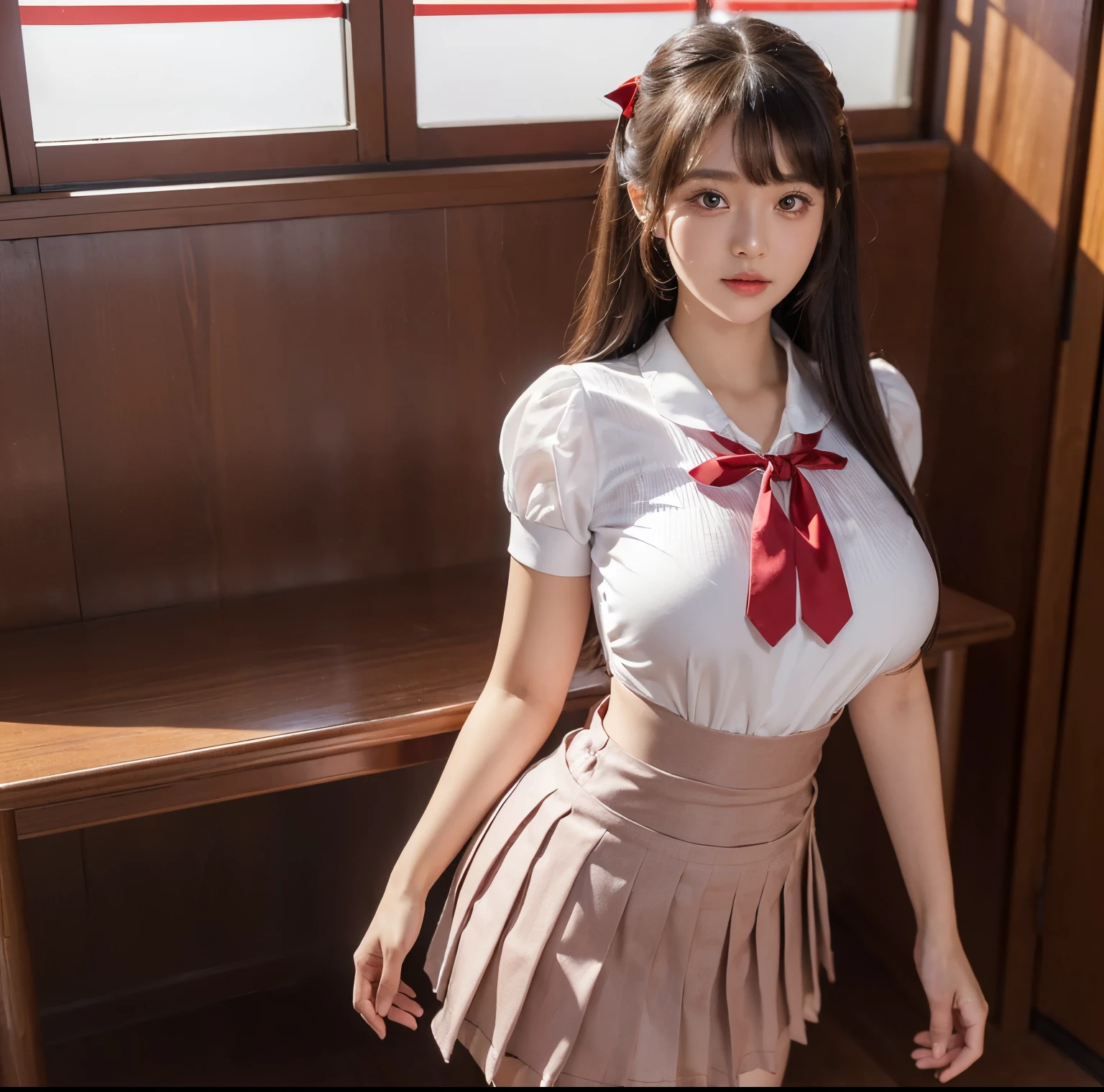 quality, 4K, masterpiece, (Professional lighting without shadows), Surreal, (perfect anatomia), twogirls, (Proudly stand in front of the camera、A girl shows off a ribbon tie, There is a girl on the other side bends over、I put my hand towards the camera), ( with a perfect body、humongous large breast:1.2), Bright and even skin，No wrinklelue eyes long eyelashes，Have red tear bags。、Reflects a lot of light:1.2)、 Half tied bangs hair, (Her costume is、Dress up in a tight and cramped schoolgirl uniform with an ultra-short and ultra-mini pleated skirt:1.2), (Intricate design around neck and crimson ribbon tie、Looks proud from the front), (There is a girl on the other side、Beautifully accentuating the proud super mini pleated skirt、Showing half of the buttocks exposed from behind:1.3), (The beautiful face squinted under the dazzling light:1.2), (ssmile), (Plump red teardrop bag:1.2),