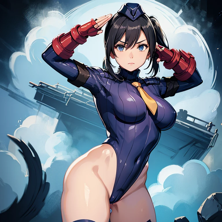 ultra-detailed, Explicit, Beautiful body, Beautiful Nose, Beautiful character design, perfect eyes, perfect face, ultra highres, 4K, beautiful legs, perfect legs, Nice hands, Perfect hand, Masterpiece, Best Quality, Highly detailed, illustration, absurdres, street fighter, doll suit, shadaloo doll, dollsuit, expressionless, blank eyes, looking at viewer, red gloves, emotionless, black latex, corrution, mind control, female combatant, full body, hypnotized, unhappy trance, full body suit, ribbed bodysuit, both arms at side, obey, perfect female body, extremely glossy latex, hypnosis, hypnoLora, empty eyes, Mind control device, poses, submissive_pose, Slave, hat, necktie, stand up straight, standing, standing at attention, hat, necktie, belt, latex, ribbed bodysuit, thighhighs, garter belt, Fighting Stance, extending the right arm from the shoulder into the air with a straightened hand, nazi saluting, military, military saluting, salute, thigh boots, 1girl, twintails, long hair, bangs, low twintails, black hair, blue eyes, hair between eyes, Hina Amano, Tenki no Ko