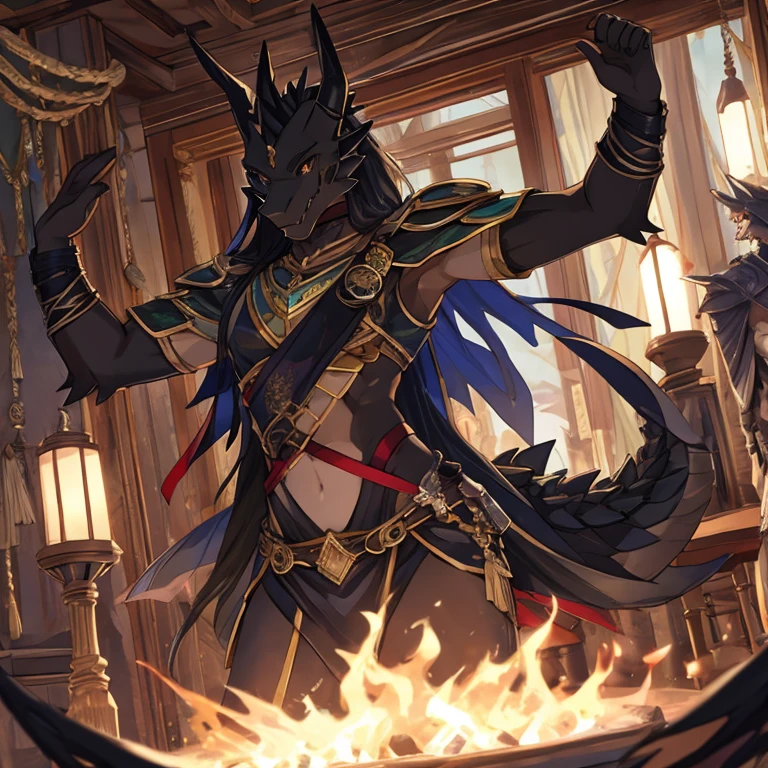 A black dragon,teens girl,Flesh,palla,raised his hand,Detailed character details
