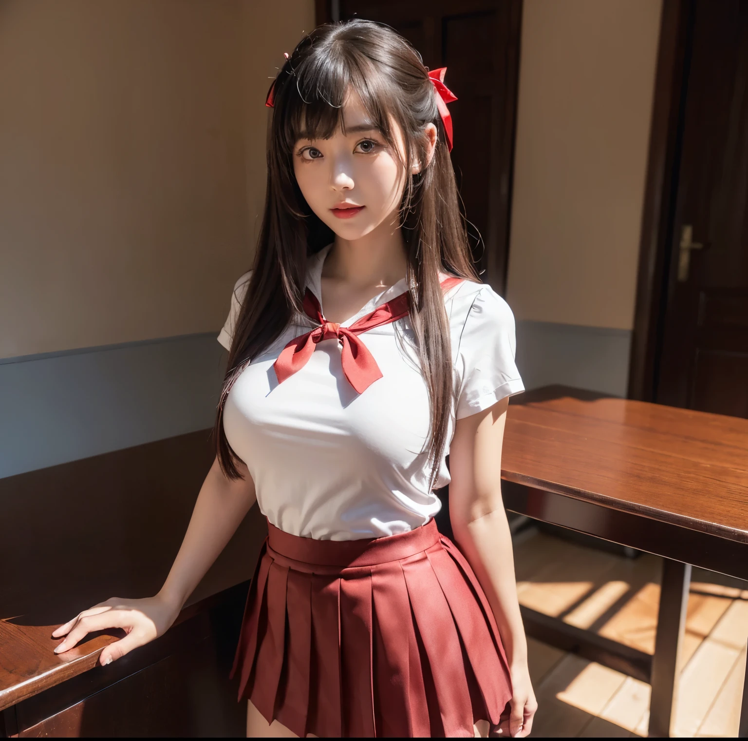 quality, 4K, masterpiece, (Professional lighting without shadows), Surreal, (perfect anatomia), twogirls, (Proudly stand in front of the camera、A girl shows off a ribbon tie, There is a girl on the other side bends over、I put my hand towards the camera), ( with a perfect body、humongous large breast:1.2), Bright and even skin,No wrinklelue eyes long eyelashes,Have red tear bags。、Reflects a lot of light:1.2)、 Half tied bangs hair, (Her costume is、Dress up in a tight and cramped schoolgirl uniform with an ultra-short and ultra-mini pleated skirt:1.2), (Intricate design around neck and crimson ribbon tie、Looks proud from the front), (There is a girl on the other side、Beautifully accentuating the proud super mini pleated skirt、Showing half of the buttocks exposed from behind:1.3), (The beautiful face squinted under the dazzling light:1.2), (ssmile), (Plump red teardrop bag:1.2),
