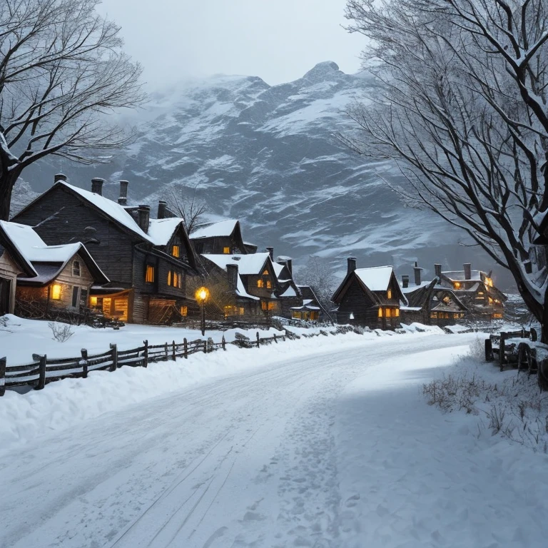 Snow-covered village, horror, spooky,