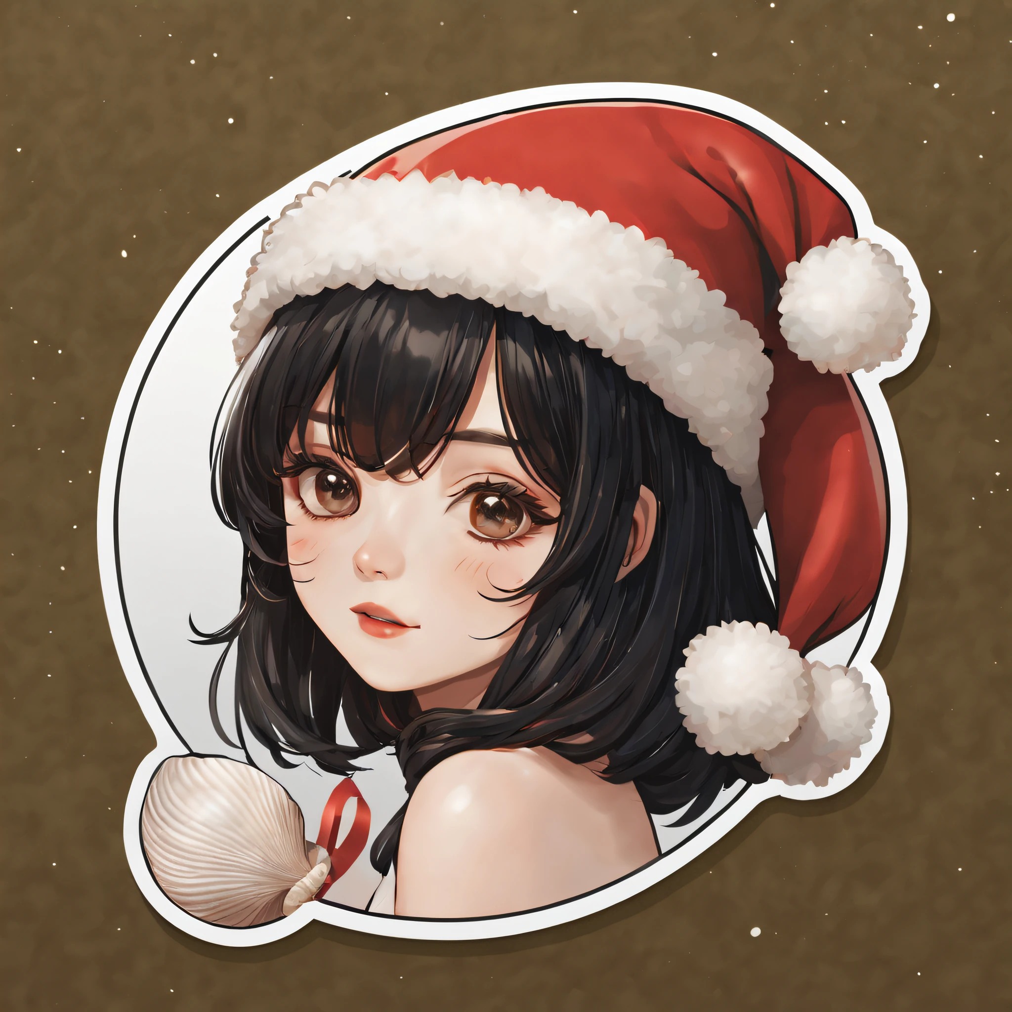 (One sticker,),(3D cartoon santa hat girl),shiny black hair,Slim, ellegance, shells around, There is also a touch of mystery.(on a circular background), (Christmas border),, ultra - detailed, Detailed illustration, vectorized, 8K, 专业One sticker设计, Graphic design, vector lines, One sticker, Full-HD