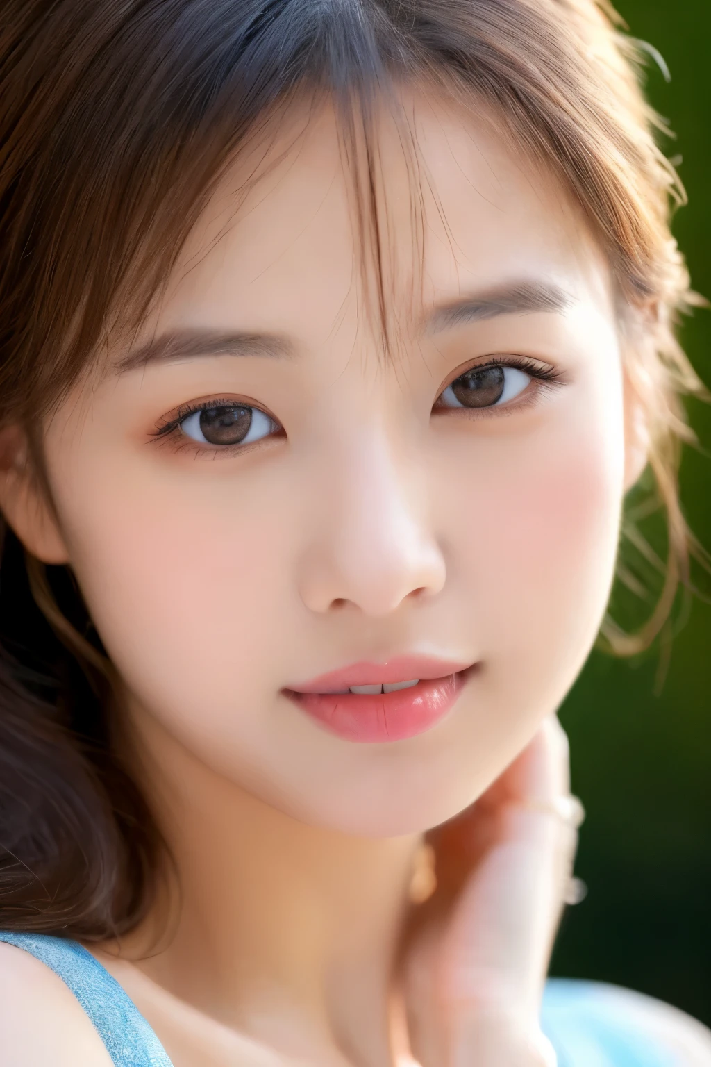 ((cute little日本の女の子、Beautiful japanese girl、1 girl in、age19、Highly detailed facial and skin texture、hyperdetailed face、ultradetailed eyes、close-up of woman、frontage、cute little、Highly detailed facial and skin texture、smooth white skin、Transparent skin texture、))、(dark brown  hair)、Looking at the camera、foco nítido：1.2、Beautiful Women in Perfect Style：1.4、Japan models、Young gravure idols、若いcute littleグラビアアイドル、Realistic Young Gravure Idol、sophisticated gravure idol、((top-quality、in 8K、​masterpiece:1.3))、(4K、RAW Photography、top-quality)、Place a person across the screen、natural soft light、poneyTail