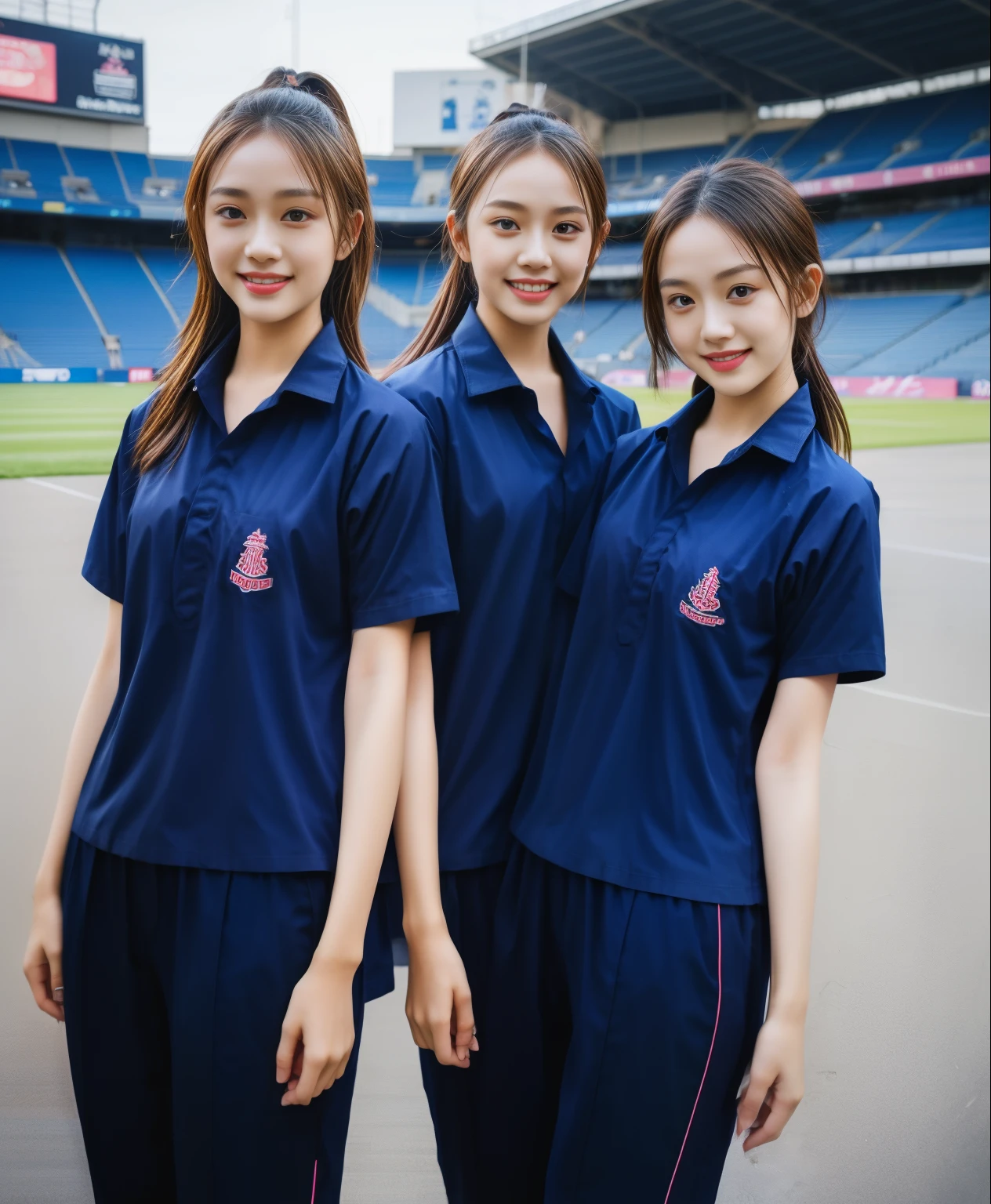 (bestquality,10,10,highres,masterpiece:1.2),ultra-detail,(Realistic,ภาพRealistic,photo-realistic:1.37),1 Cute girl in the football field,oily shiny skin,bara,light smile,BDclothelue shirt:1.3)),short sleeves,shirt, trousers.,(navy_long_ติดตามtrousers:1.1), ((Stadium Background:1.3)),dynamic angle,excited,face focus,Dynamic Poses,from behide,Ass Focus,masterpiece, bestquality, ultra realistic, hyper-detail, 8k resolution, RAW photo, crisp focus, ((Navy blue shirt:1.1)), short sleeves, เส้นทางlong, Complete bodyแบบ, 2 mature women, 18yo, cinematic light,trousersวอร์มสีน้ําเงิน,Gymware,Correct anatomy,Complete body, Correct body, sharp face, Correct bodyทางกายวิภาค, full entire body, Realistic gestures, long-haired, Realistic poses,Wear long shorts..............................,ช่วงขาlong,Shapely,Sculpting Girl, Slender Figure, mannequin mannequins, Shapely, Beautiful body,trousersวอร์มสีน้ําเงิน, Two girls kissing