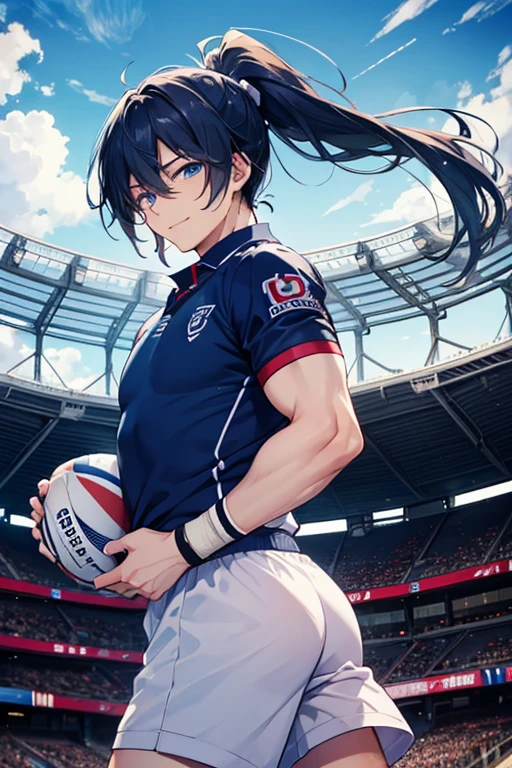26 years old japanese man, playing rugby with his playing uniform, have a oval ball used in playing rugby in his arm, blue long hair with beautiful ponytail, sharp blue eyes, handsome, at a stadium, fearless smile