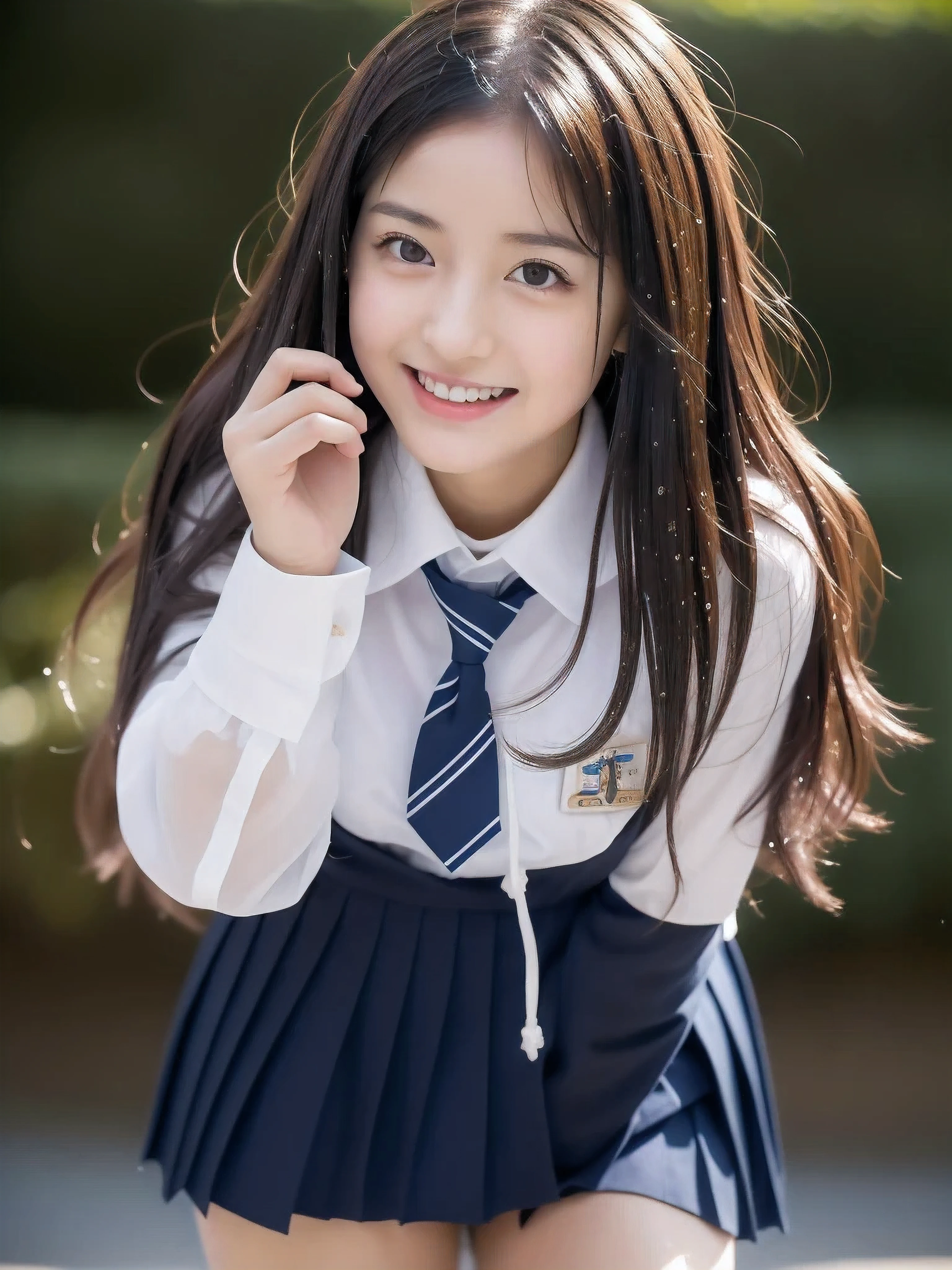 (((high detal,high-detail、masterpiece,Attention to detail))),Arab-asian woman in uniform, Realistic Young Gravure Idol, a hyperrealistic schoolgirl, Japan school uniform, japanese girl school uniform, a hyperrealistic schoolgirl,Young Pretty Gravure Idol, wearing japanese school uniform, Young gravure idols, Young Gravure Idol, Beautiful but innocent schoolgirl when you laugh,the whole body is wet,dripping落ちる,with a flushed face,Beautiful girl with beautiful legs,Beautiful woman natural light、the whole body is wet,Sheer clothing,Semi-long,perm,Brown shiny hair,Hair is wet,Dripping water,dripping,,Have a troubled face,