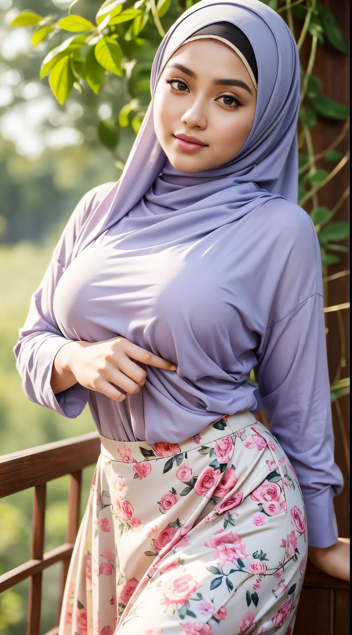 RAW, Best quality, high resolution, Masterpiece: 1.3), Beautiful 30 years old Malay woman in hijab, Masterpiece, Perfect slim body, Beautiful big eyes, watery eyes, Soft smile, wet lips, big breast, ((wearing a tight purple Malay shirt with floral motifs, batik, with a closed hijab)), a simple diamond necklace, ((closed clothes), ((modest clothes)),((wearing a long, loose pliskit skirt that reaches her ankles, purple sundres ),((wear Sexy mini panties)), ((full body:1.2)), (((Skirt lift:1.4))), Open leg, (show realistic pussy:1.3), (Pubic hair), smilling, windy, skin details, skin texture details, thick thighs, sexy body, morning time, smiling, happy, bright sunlight,seashore,blurred background, bokeh