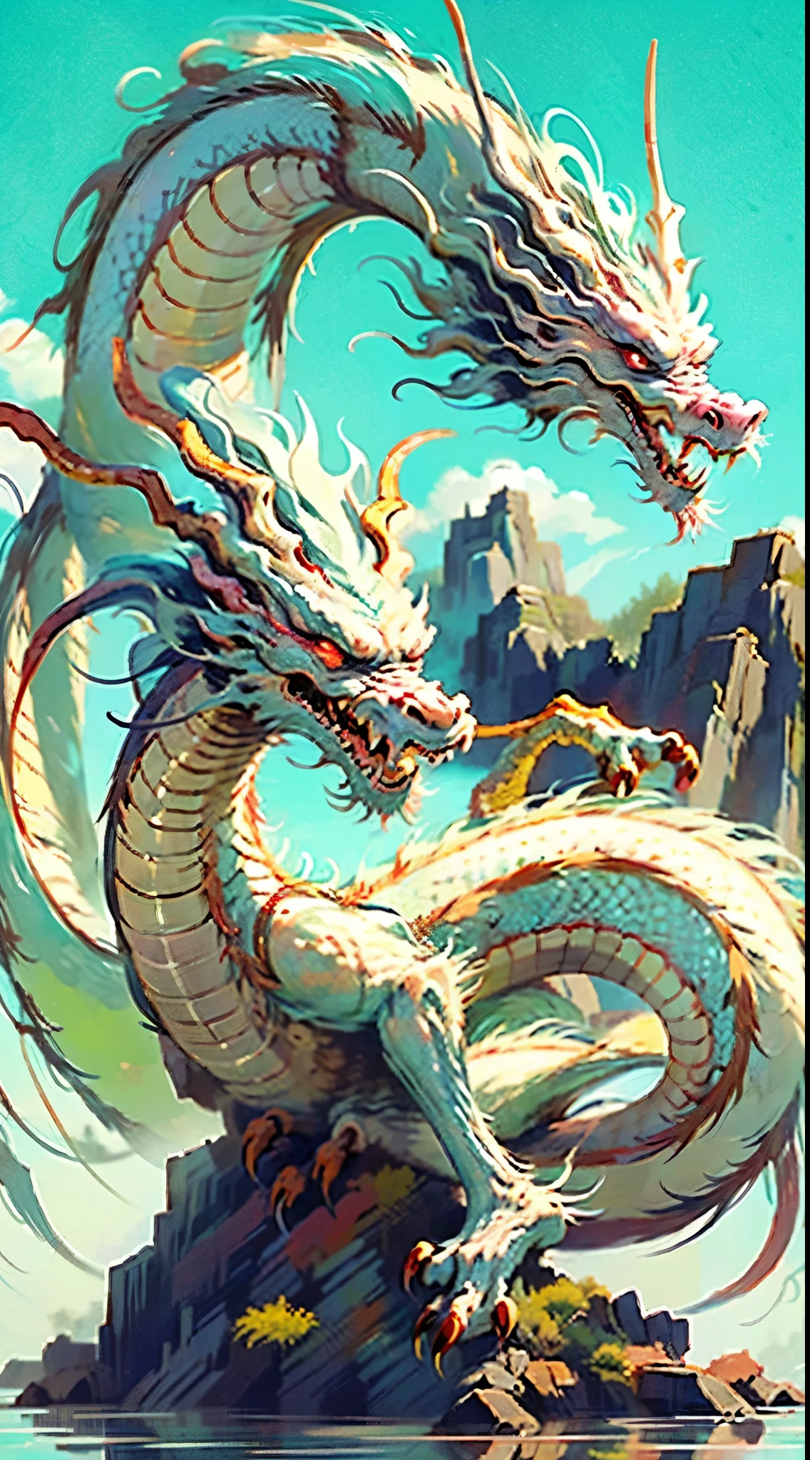 best qualtiy, tmasterpiece, 超A high resolution, naked alien, (long to: 1.2), Skysky, red eyes, 云, scout, dark eastern dragon, with her mouth open, Dentes Pontiagudry, banya, 牙, daysies, pawan with claws, chinese dragon in the blue sky、grope、mountain water、scout、honorable、strength、plateau、Traditional pattern、