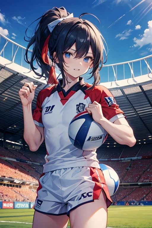 26 years old japanese man, playing rugby with his playing uniform, blue long hair with beautiful ponytail, sharp blue eyes, handsome, at a stadium, fearless smile,