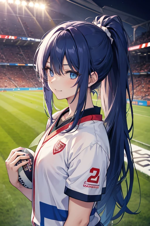 26 years old japanese man, playing rugby with his playing uniform, blue long hair with beautiful ponytail, sharp blue eyes, handsome, at a stadium, fearless smile,