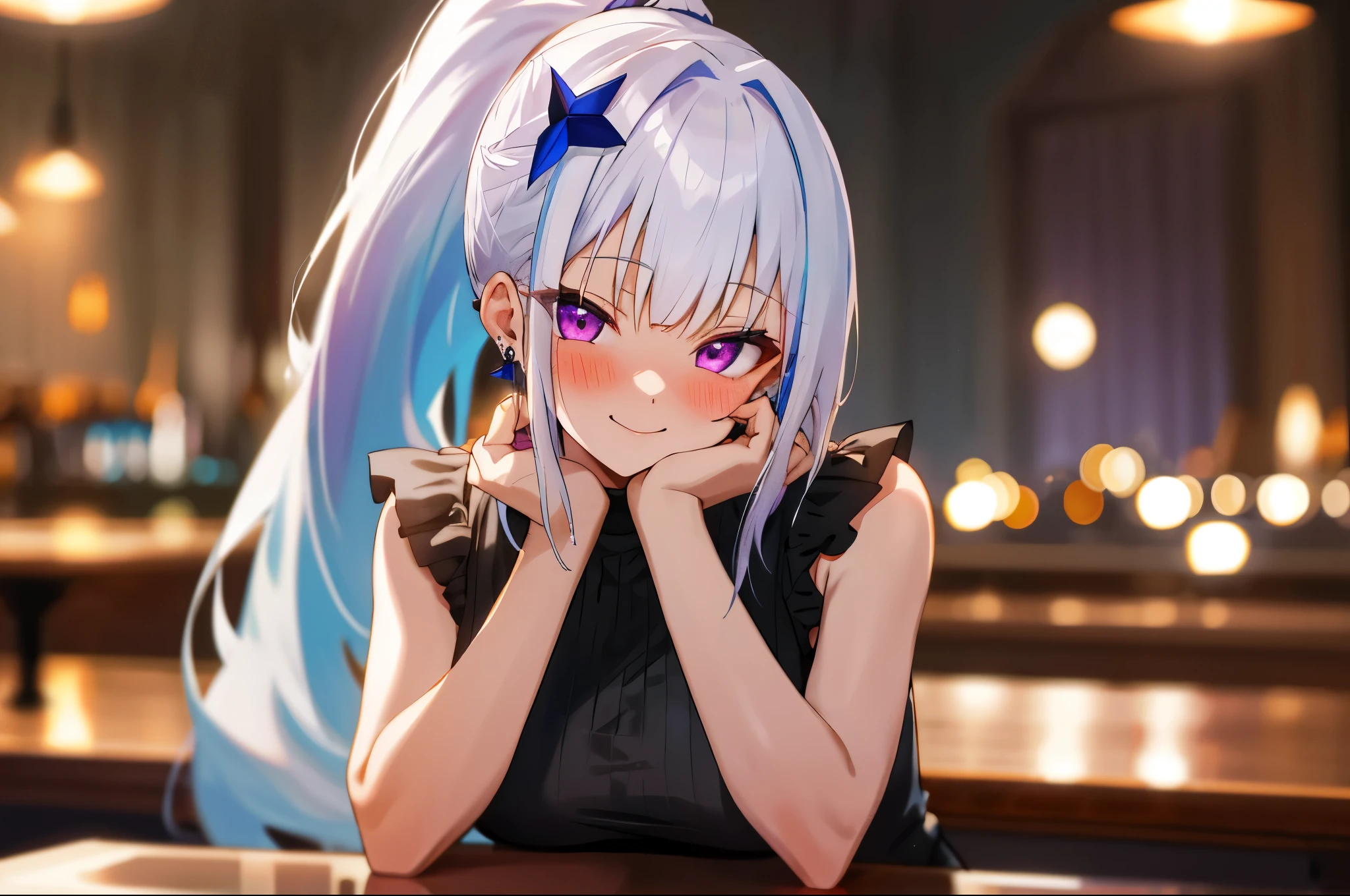 One girl with high ponytail hair, bangs, white hair, blue inner hair:1.25) , purple eyes, looking at viewer, blushing, little smile, indoor, cafe, table, sitting, black sleeveless dress, earrings, mid-chest, night atmosphere, hair ornament, medium breasts, upper body, focus, blurry background, hands in face
