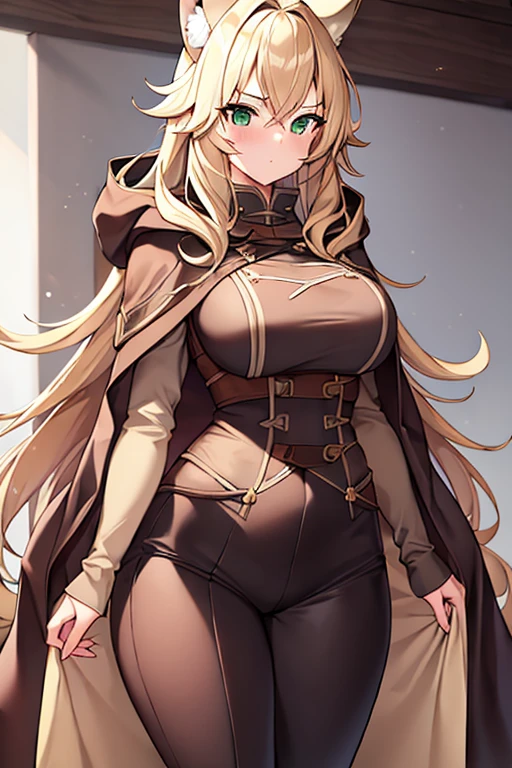 1girl, breasts, large breasts, wide hips, blonde hair, long hair, wolf ears, wolf tail, cloak, brown cloak, brown hood, hood, hood down, shirt, white shirt, pants, black pants, green eyes, serious, simple clothes