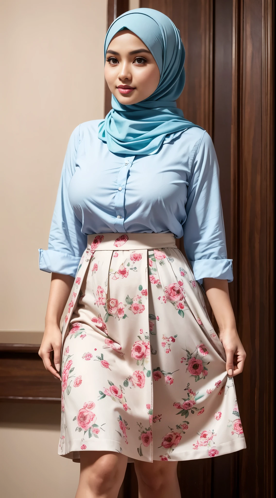 ( Close Up),RAW, Best quality, high resolution, masterpiece: 1.3), beautiful Malay woman in hijab,Masterpiece, perfect fit body, (big breast),big gorgeous eyes, Soft smile,thick thighs, beutifull face, woman in a floral skirt and blue shirt posing for a picture, feminine in cute pastel shades, feminine in pastel shades, wearing a long flowery dress, wearing beautiful clothes, very beautiful style, dressed in long fluent skirt, very beautiful masterpiece, beautiful masterpiece, beautiful clothes, floral clothes, long skirt, hijab , Excellent lighting, Bright colors, Clean lines