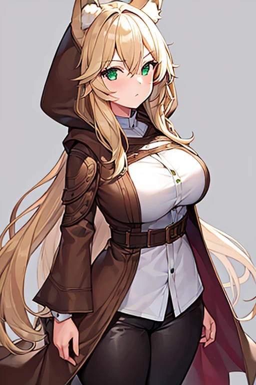 1girl, breasts, large breasts, wide hips, blonde hair, long hair, wolf ears, wolf tail, cloak, brown cloak, brown hood, hood, hood down, shirt, white shirt, white clothes, pants, black pants, green eyes, serious, simple clothes