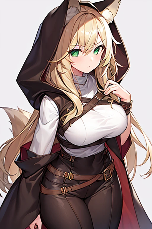 1girl, breasts, large breasts, wide hips, blonde hair, long hair, wolf ears, wolf tail, cloak, brown cloak, brown hood, hood, hood down, shirt, white shirt, white clothes, pants, black pants, green eyes, serious, simple clothes