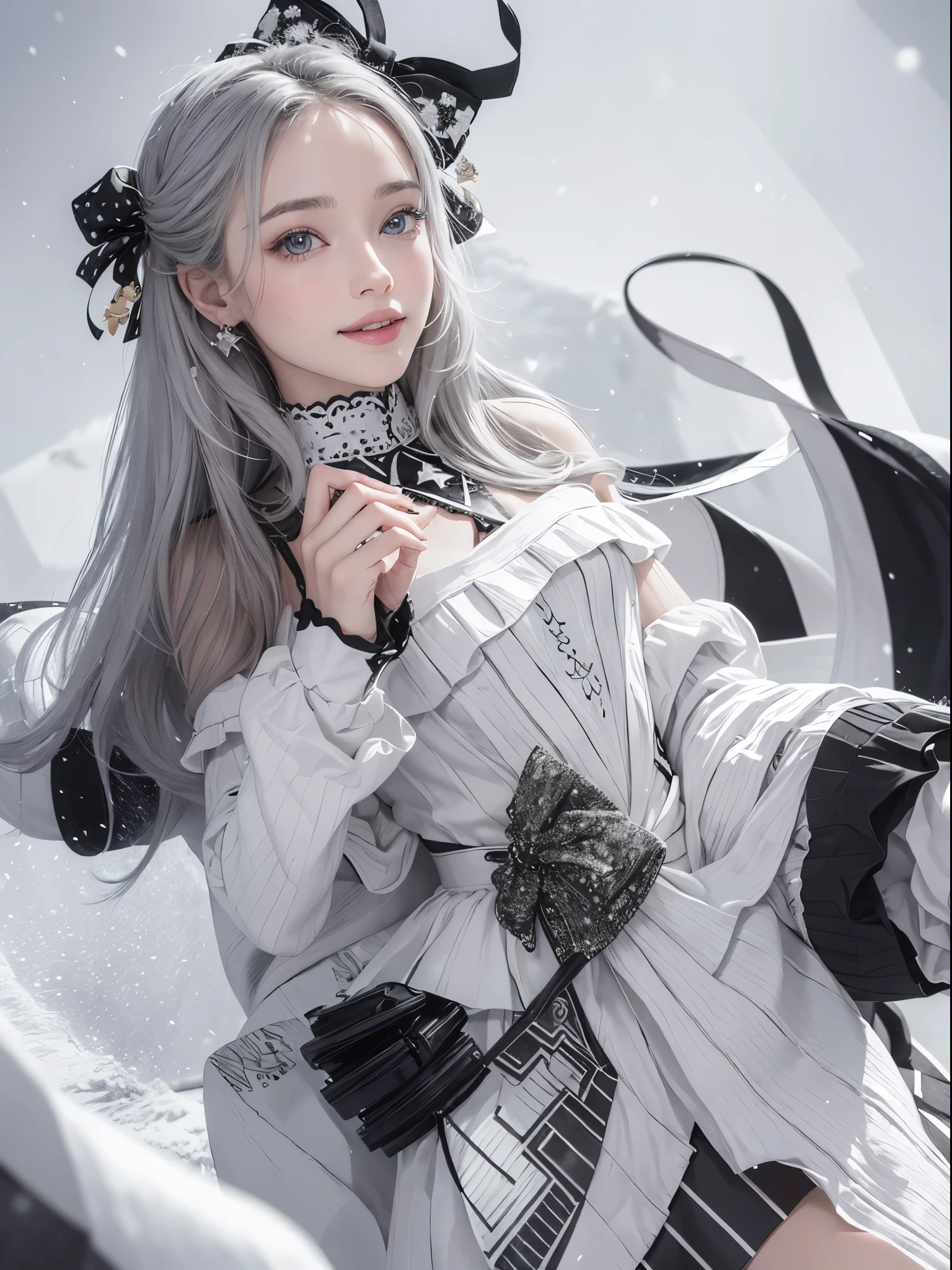 (Realistic:1.8), (Digital art:0.2), (Geometric art:1.7),(agpi official art, beautiful and aesthetic, ultra detailed, beautiful, masterpiece, best quality:1.6), (1girl:1.2), Detailed face, Detailed eyes, Detailed hair, young fingers, Detailed fingers, five fingerREAK cute ig model, Japanese cute model, 22 years old, Tightened all body, small head, small face, small mouth, diamond Face, small nose, Sharp Faceline, (dropy eyes, Double eyelid, Light color eyes, Glossy eyes, Shiny eyes:1.2), Shiny skin, shiny hair, (gray hair:1.2),
_
BREAK (happy, smile, Teeth, Glossy Lip:1.2),beautiful Teeth, (upper body:1.5), from side,
_
BREAK (BLACK and White theme:1.4), (Cute Christmas theme:1.2), (fluffy Santa hat with ribbon:1.2), (adorable BLACK and white candy cane-striped off-shoulder top:1.2), (short length White pleated skirt with subtle Polka dot pattern:1.2), (festive knee-high socks with small bows:1.2), (festive White and BLACK ankle boots:1.2), BREAK (sparkling snowfall background:1.2), (joyful expression:1.2), (holding a cute gift box with a big bow:1.2), (gentle snow breeze:1.2),