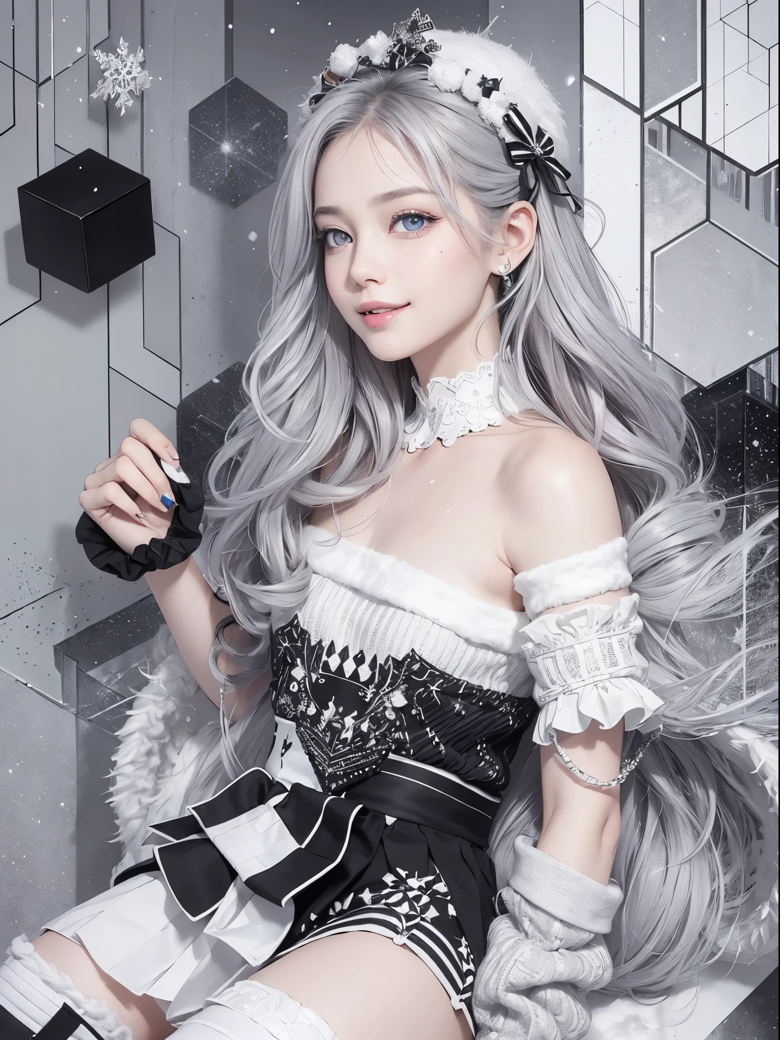 (Realistic:1.8), (Digital art:0.2), (Geometric art:1.7),(agpi official art, beautiful and aesthetic, ultra detailed, beautiful, masterpiece, best quality:1.6), (1girl:1.2), Detailed face, Detailed eyes, Detailed hair, young fingers, Detailed fingers, five fingerREAK cute ig model, Japanese cute model, 22 years old, Tightened all body, small head, small face, small mouth, diamond Face, small nose, Sharp Faceline, (dropy eyes, Double eyelid, Light color eyes, Glossy eyes, Shiny eyes:1.2), Shiny skin, shiny hair, (gray hair:1.2),
_
BREAK (happy, smile, Teeth, Glossy Lip:1.2),beautiful Teeth, (upper body:1.5), from side,
_
BREAK (BLACK and White theme:1.4), (Cute Christmas theme:1.2), (fluffy Santa hat with ribbon:1.2), (adorable BLACK and white candy cane-striped off-shoulder top:1.2), (short length White pleated skirt with subtle Polka dot pattern:1.2), (festive knee-high socks with small bows:1.2), (festive White and BLACK ankle boots:1.2), BREAK (sparkling snowfall background:1.2), (joyful expression:1.2), (holding a cute gift box with a big bow:1.2), (gentle snow breeze:1.2),