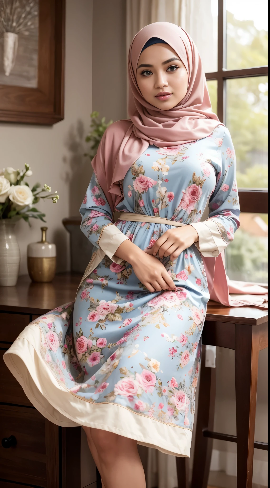 ( Close Up),RAW, Best quality, high resolution, masterpiece: 1.3), beautiful Malay woman in hijab,Masterpiece, perfect fit body, (big breast),big gorgeous eyes, Soft smile,thick thighs, beutifull face, woman in a floral skirt and blue shirt posing for a picture, feminine in cute pastel shades, feminine in pastel shades, wearing a long flowery dress, wearing beautiful clothes, very beautiful style, dressed in long fluent skirt, very beautiful masterpiece, beautiful masterpiece, beautiful clothes, floral clothes, long skirt, hijab , Excellent lighting, Bright colors, Clean lines