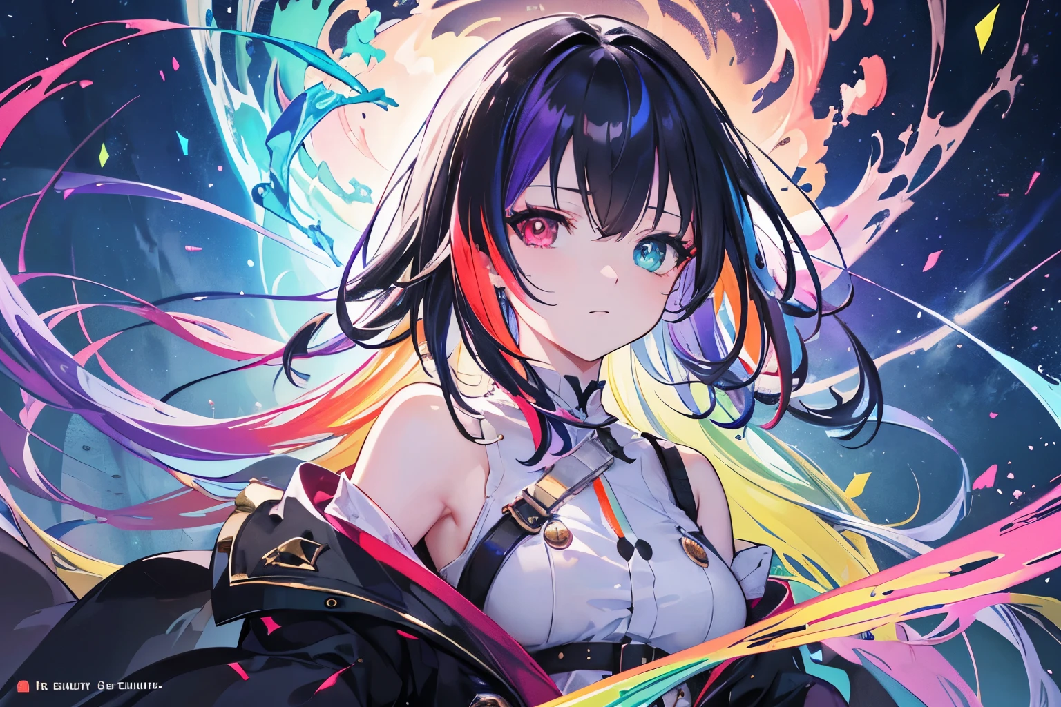 {{masutepiece}}, Best Quality, the Extremely Detailed CG Unity 8K Wallpapers, Cinematic lighting, Lens Flare, Beautiful detail eyes, Black, side glance, Multicolor Hair, Colorful light, Particle, Heterochromia, (Colorful:1.5), (Colorful hair:1.5), fishing on an airship