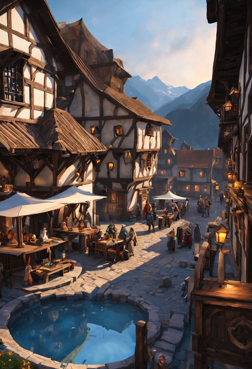 ancient mountain village center plaza tavern medieval