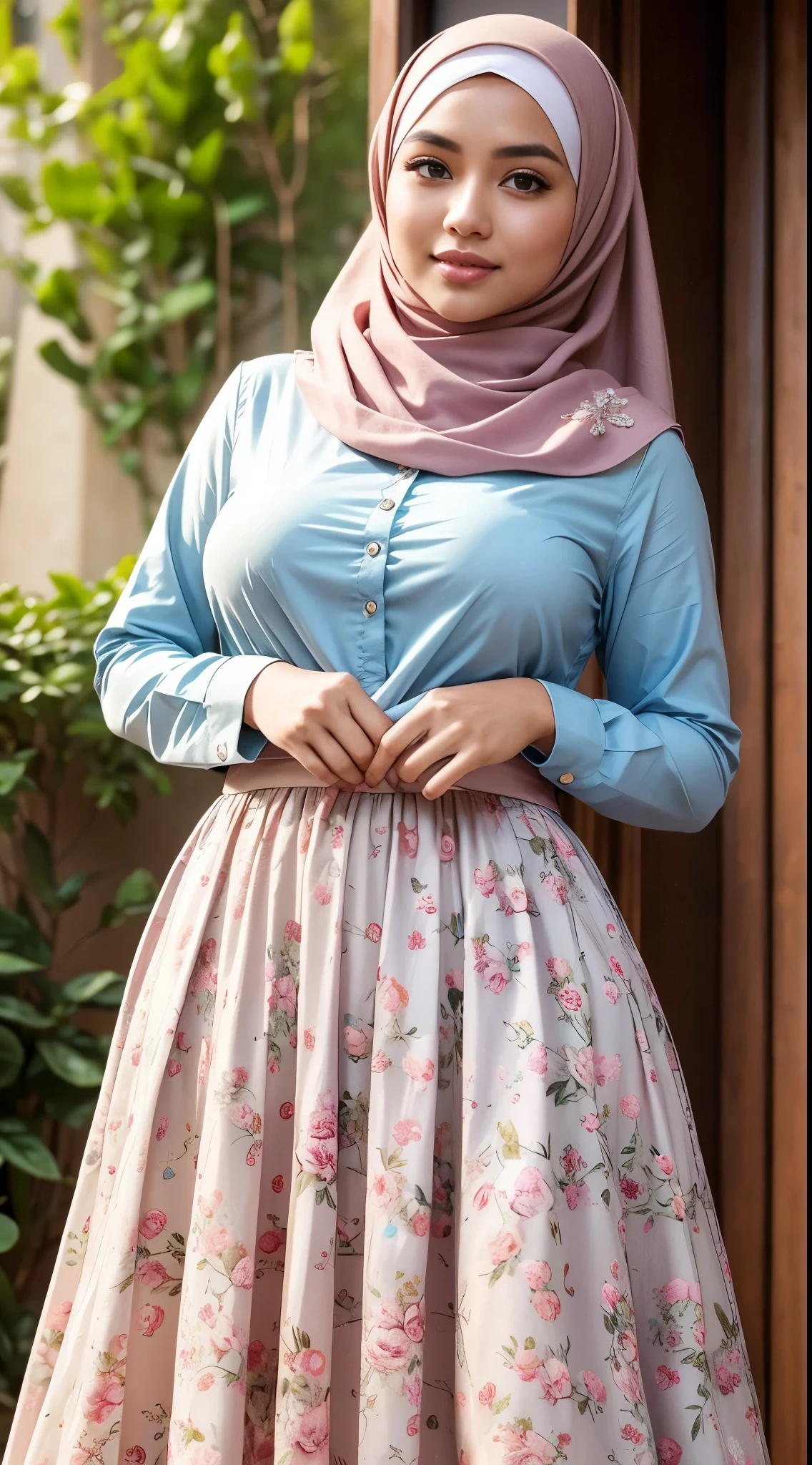 ( Close Up),RAW, Best quality, high resolution, masterpiece: 1.3), beautiful Malay woman in hijab,Masterpiece, perfect fit body, (big breast),big gorgeous eyes, Soft smile,thick thighs, beutifull face, woman in a floral skirt and blue shirt posing for a picture, feminine in cute pastel shades, feminine in pastel shades, wearing a long flowery dress, wearing beautiful clothes, very beautiful style, dressed in long fluent skirt, very beautiful masterpiece, beautiful masterpiece, beautiful clothes, floral clothes, long skirt, hijab  , Excellent lighting, Bright colors, Clean lines