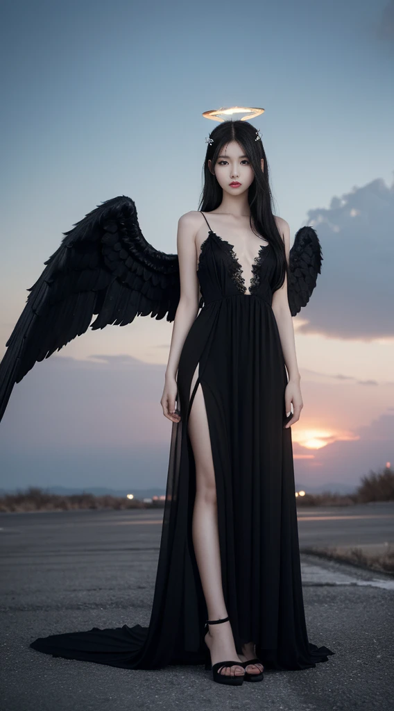 masterpiece, best quality, 1girl, black hair, angel of death, innocent, brown eyes, diadem, angel wings, black clothes, full body, arms  behind back, sky, halo, post-apocalypse,