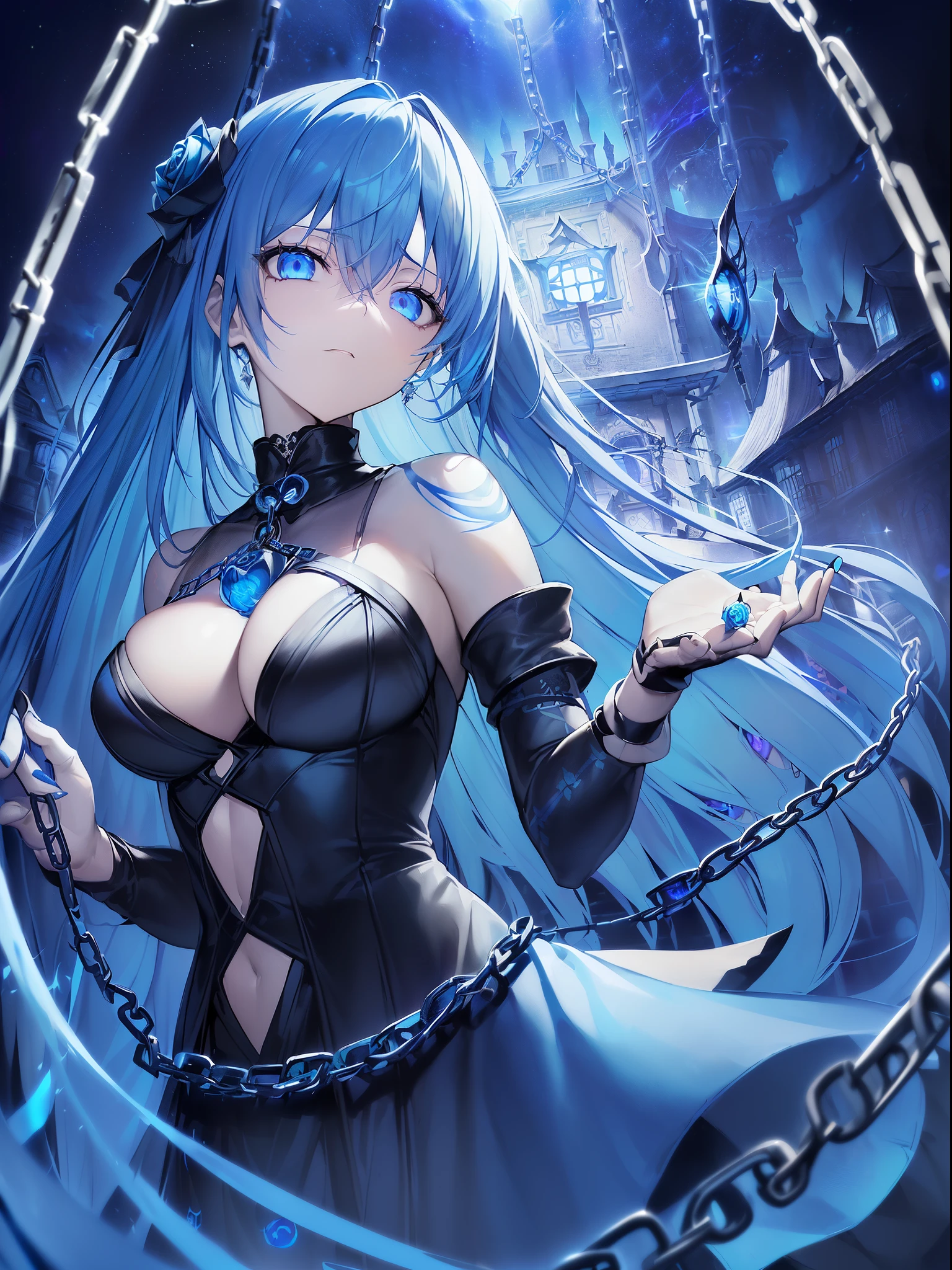top-quality、Top image quality、masterpiece、girl with((18year old、dark outfit、prisoner、 Best Bust、Bust 85、a blond、Semi-long、Blue eyes、open chest wide、Valley、Happiness、A slender、Provocative behavior、Evil face、Handcuffed、High laughter、Skull Tattoo、Tattoo of roses、Targeting your audience、Tighten blue rose hair、Black aura,Dark Forces,blue flames、Chain Accessories))hiquality、Beautiful Art、Background with((prison、Dark impression、House of Darkness、many chains))、masutepiece、Elaborate design、visualart、dark art