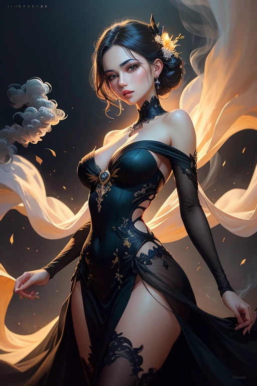 arafed image of a woman in a black dress with smoke, gorgeous digital art, exquisite digital illustration, stunning digital illustration, airbrush dark dress, beautiful gorgeous digital art, beautiful digital artwork, stunning digital art, beautiful digital art, very beautiful digital art, breathtaking digital art, elegant digital painting, gorgeous digital painting, beautiful digital illustration, digital art of an elegant
