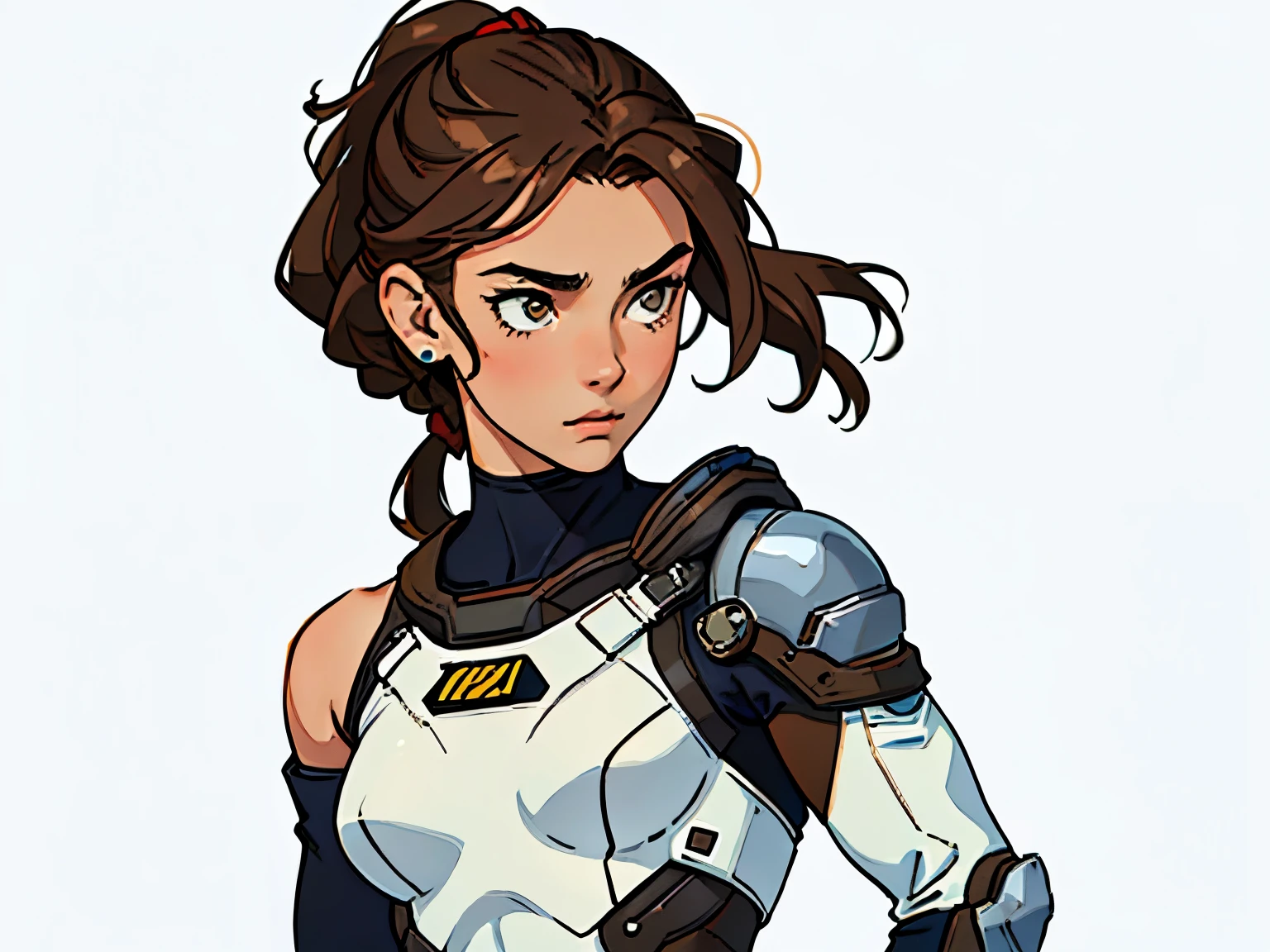 masterpiece, best quality, (Caucasian teenager), 18 years old, hazel eyes, (wavy brown hair), (hair tied back), small breasts. She wears a white, off-the-shoulder sci-fi suit (simple background)