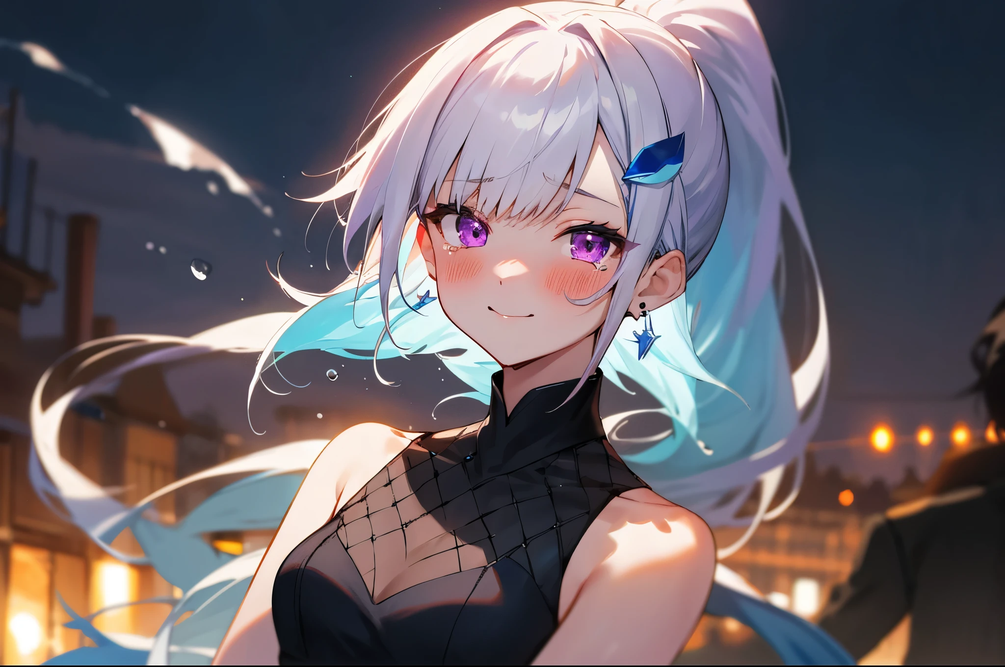 One girl with high ponytail hair, bangs, white hair, blue inner hair:1.25) , purple eyes, looking at viewer, blushing, little smile, tears, outdoor, black sleeveless dress, earrings, mid-chest, night atmosphere, hair ornament, medium breasts, upper body, focus, blurry background,
