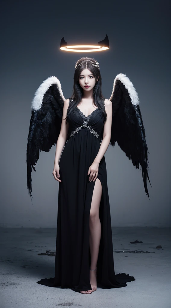 masterpiece, best quality, 1girl, black hair, angel of death, innocent, brown eyes, diadem, angel wings, black clothes, full body, arms behind back, sky, halo, post-apocalypse, detailed face