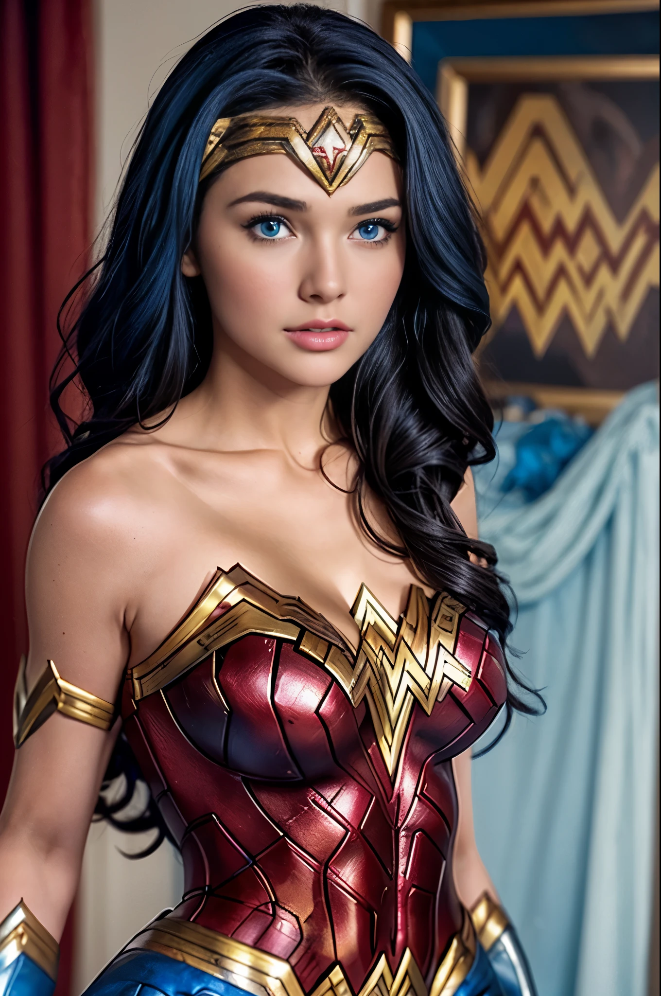 Lynda Carter, (((Wonder Woman, detailed blue eyes, masterpiece, cleavage))).