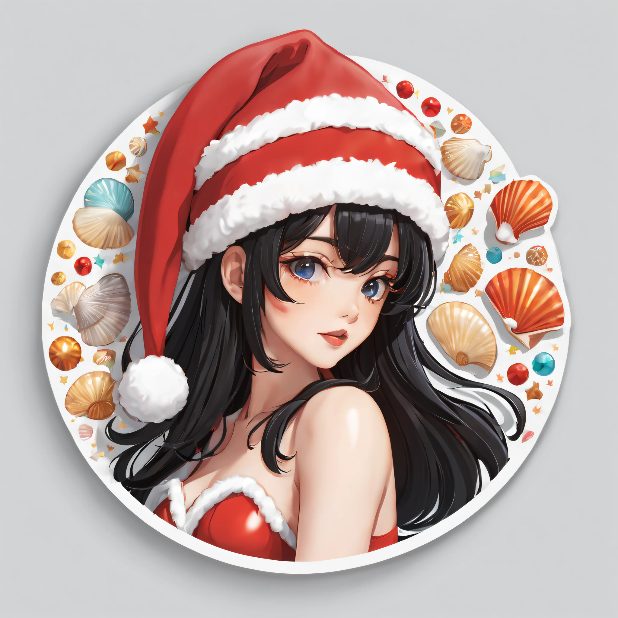 (One sticker,),(3D cartoon santa hat girl),glossy black hair,Slim, ellegance, shells around, There is also a touch of mystery.(on a circular background), (Christmas border),, ultra - detailed, Detailed illustration, vectorized, 8K, 专业One sticker设计, Graphic design, vector lines, One sticker, Full-HD