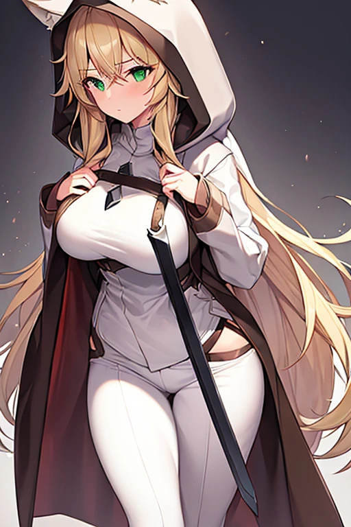 1girl, breasts, large breasts, wide hips, blonde hair, long hair, wolf ears, wolf tail, cloak, brown cloak, hood down, ((hood down)), shirt, white shirt, white clothes, pants, black pants, green eyes, serious, simple clothes, knife